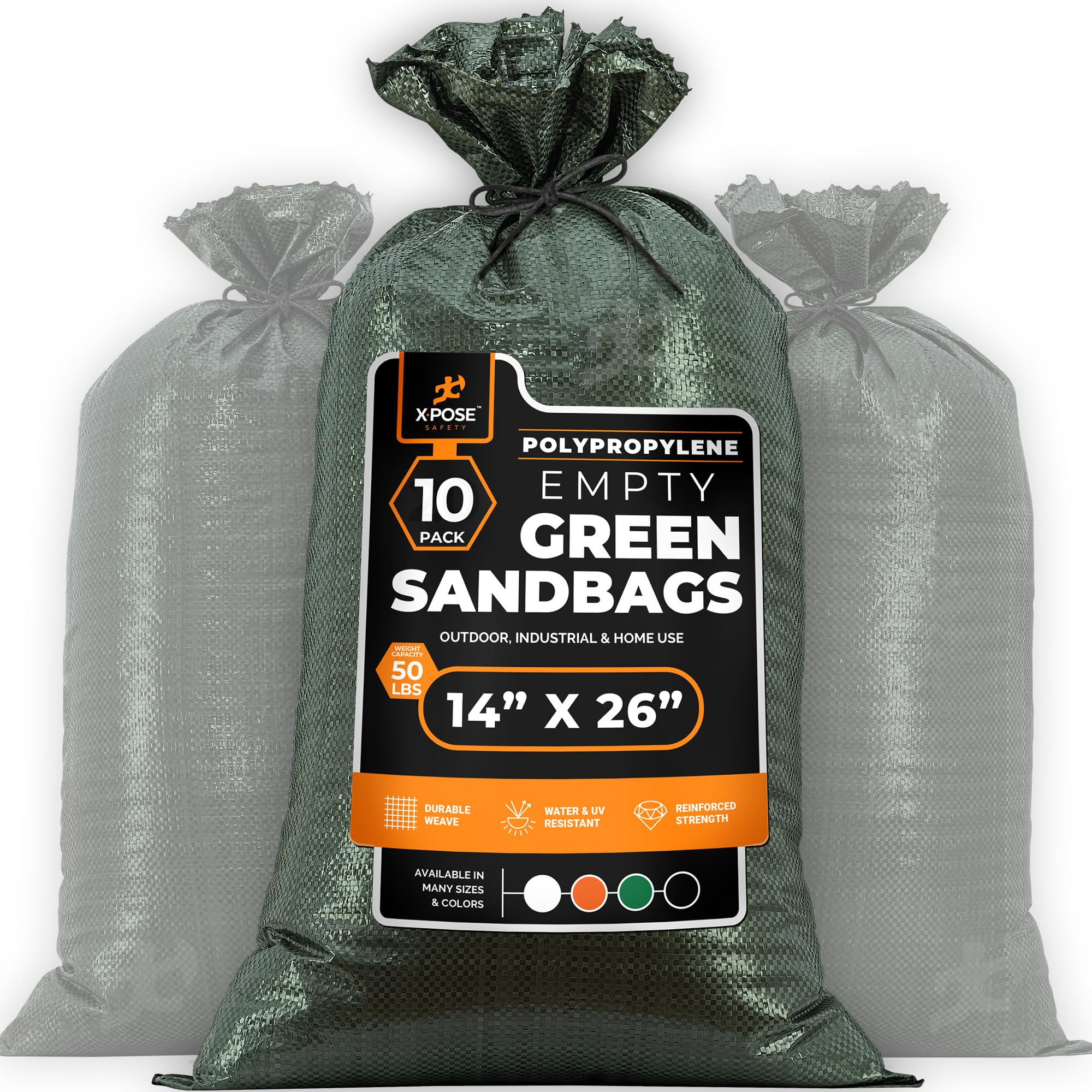 Xpose Safety Heavy Duty Sand Bags with Tie Strings – Empty Woven Polypropylene Sandbags for Hurricane Flood Protection, 50 lb Capacity, 14" x 26", Green, Pack of 10