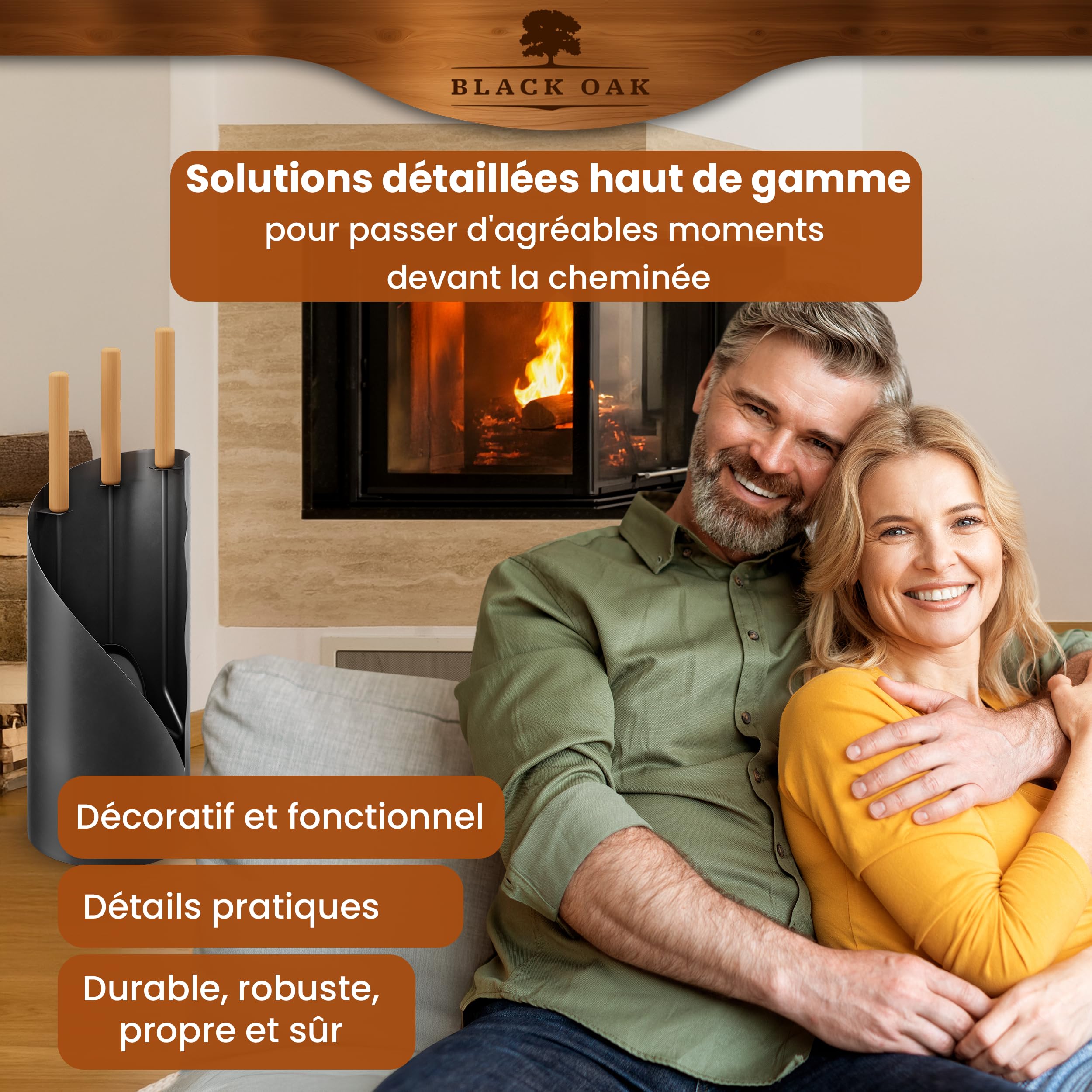 BLACK OAK Ensemble d'accessoires pour cheminée VAIL 4 pièces - ensemble moderne d'ustensiles pour poêle noir avec manche en bois 4 pièces comprenant pelle à cendre, balai à cheminée + support moderne