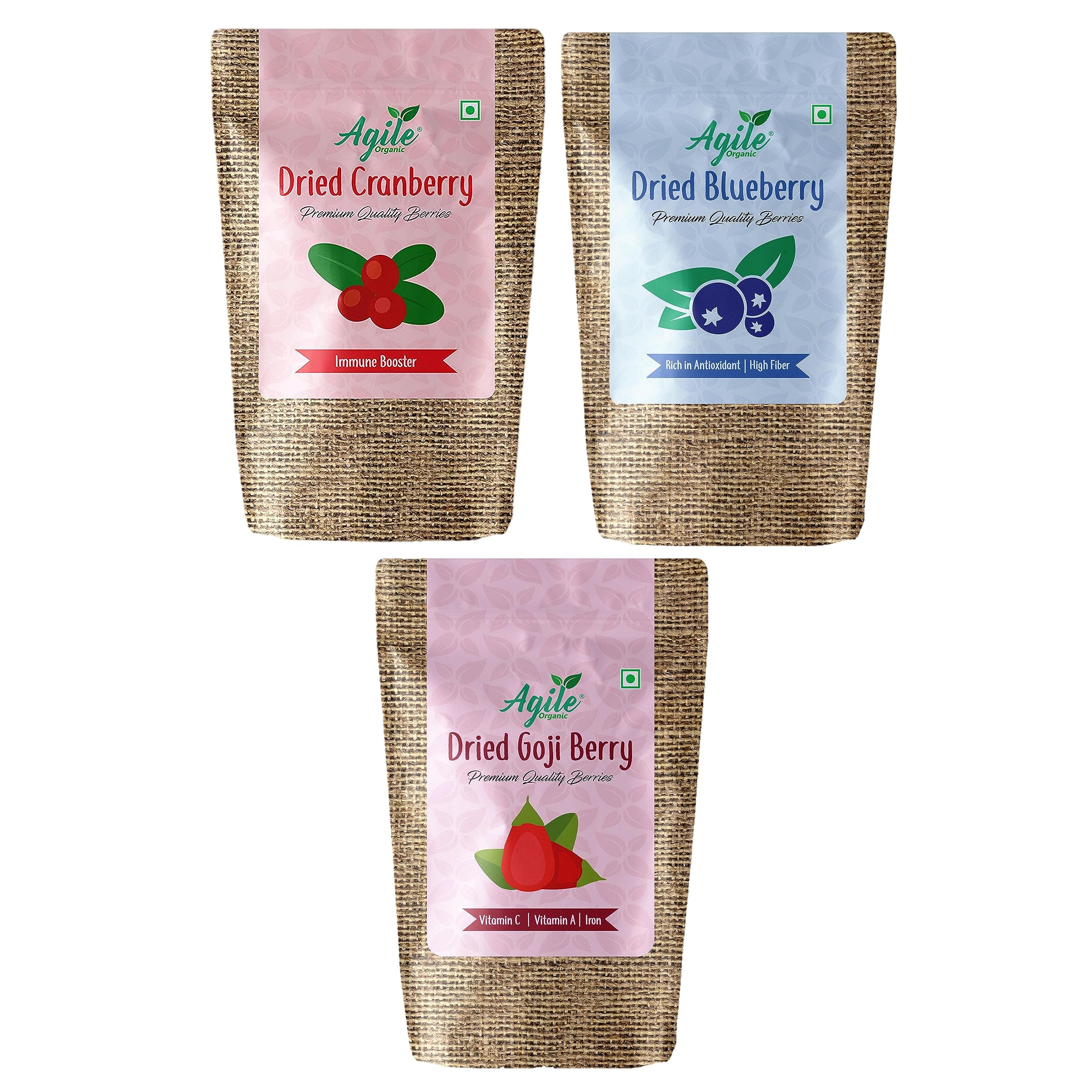 Agile Organic Dried Cranberry, Blueberry & Gojiberry Combo | Cranberries 50 Grams, Blueberry 50 Grams & Gojiberry 50 Grams | Trial Pack