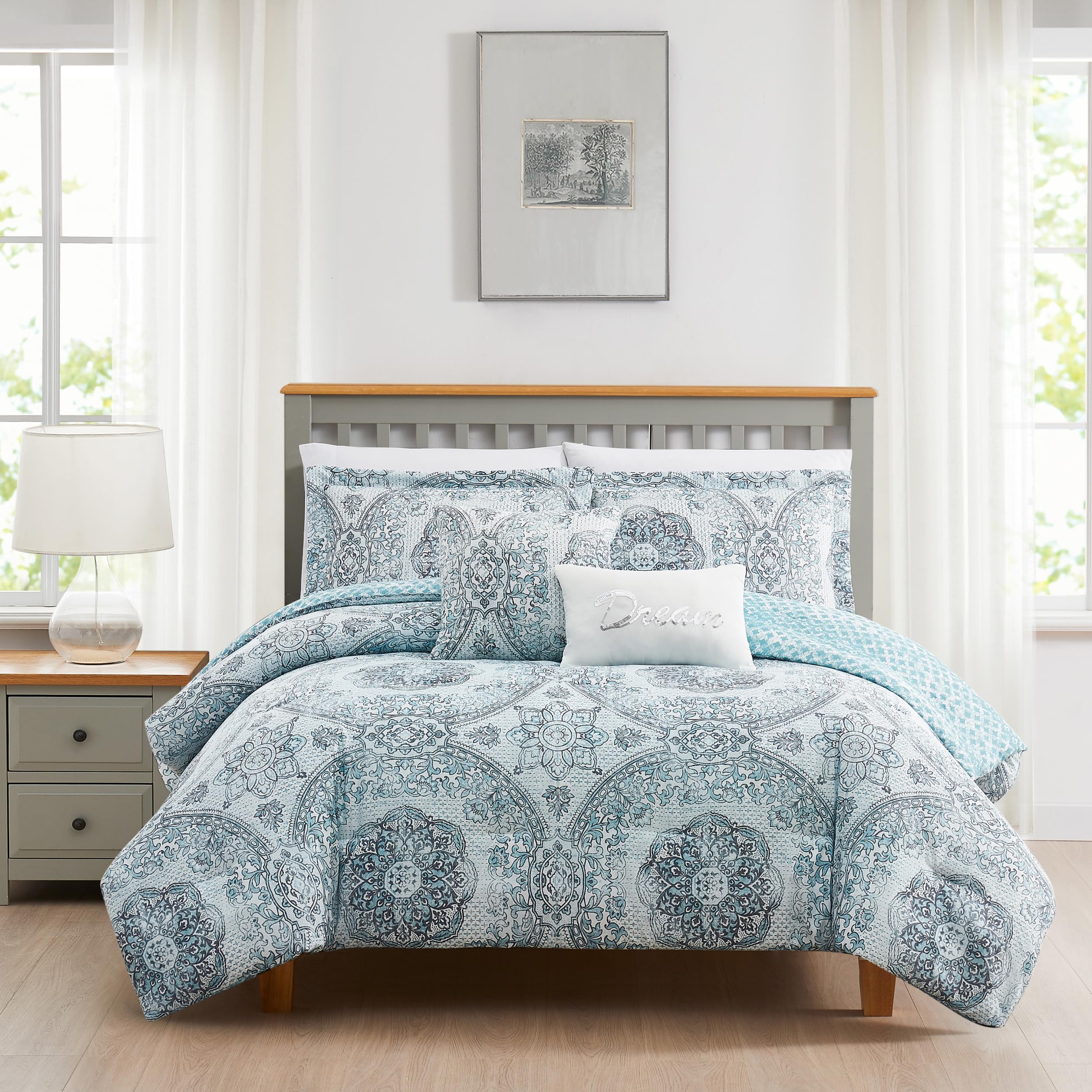 Boho LivingComforter Set, Picadilly Queen Bedding, 5 Piece Set, Includes Reversible Comforter, 2 Decorative Pillows & 2 Pillow Shams, 100% Polyester, Microfiber, Bedroom Décor, Blue/Gray