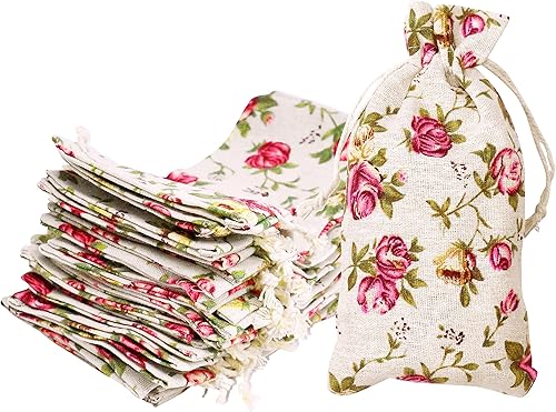 Mandala Crafts Bolsas de regalo con cordón de arpillera rosa de 4 x 8 pulgadas para regalos, 30 bolsas pequeñas de lino floral para regalo, dulces,