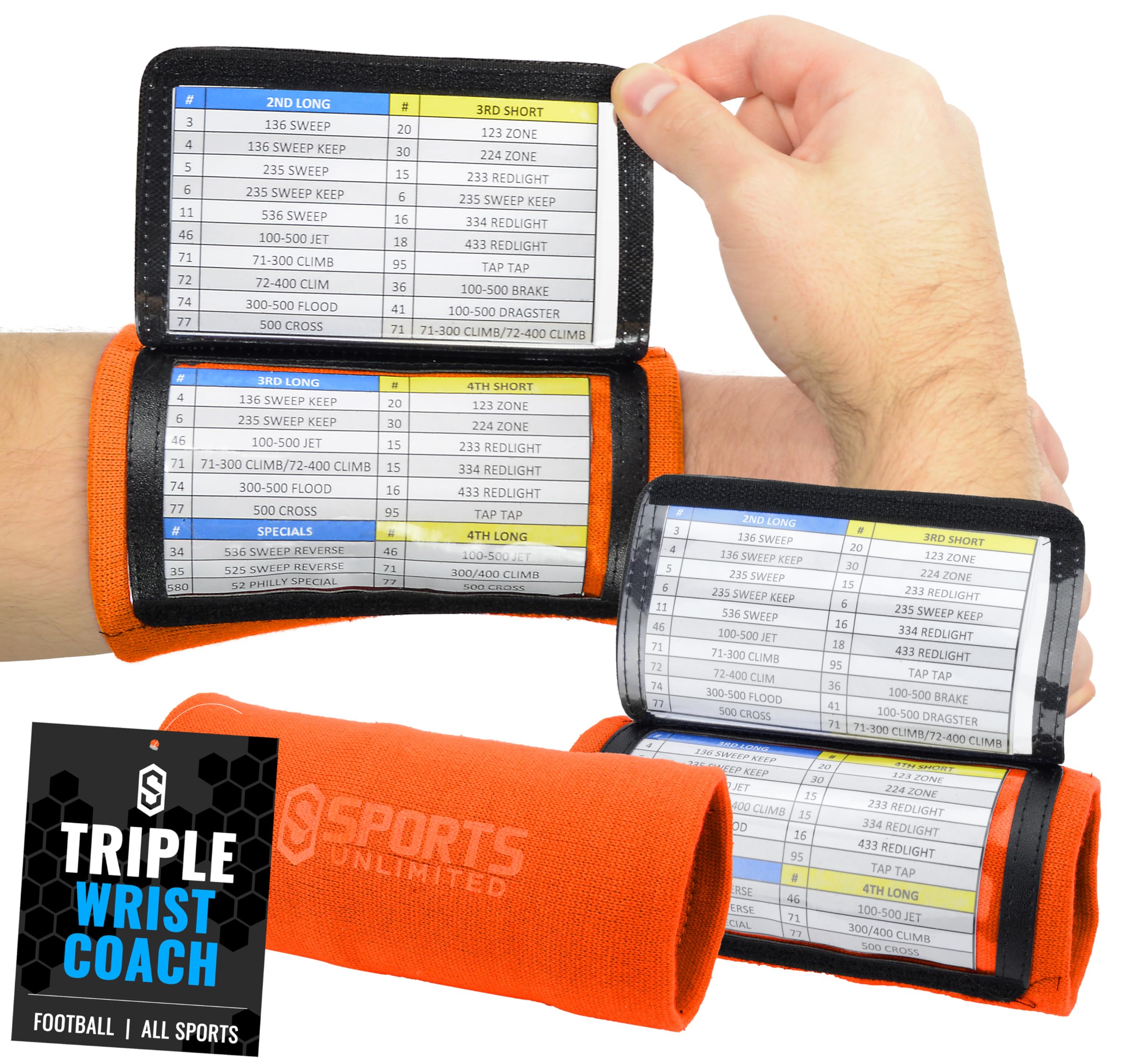 Sports Unlimited Adult Triple Wrist Coach, Football Wristbands for Plays, Baseball Wristbands, QB Arm Bands