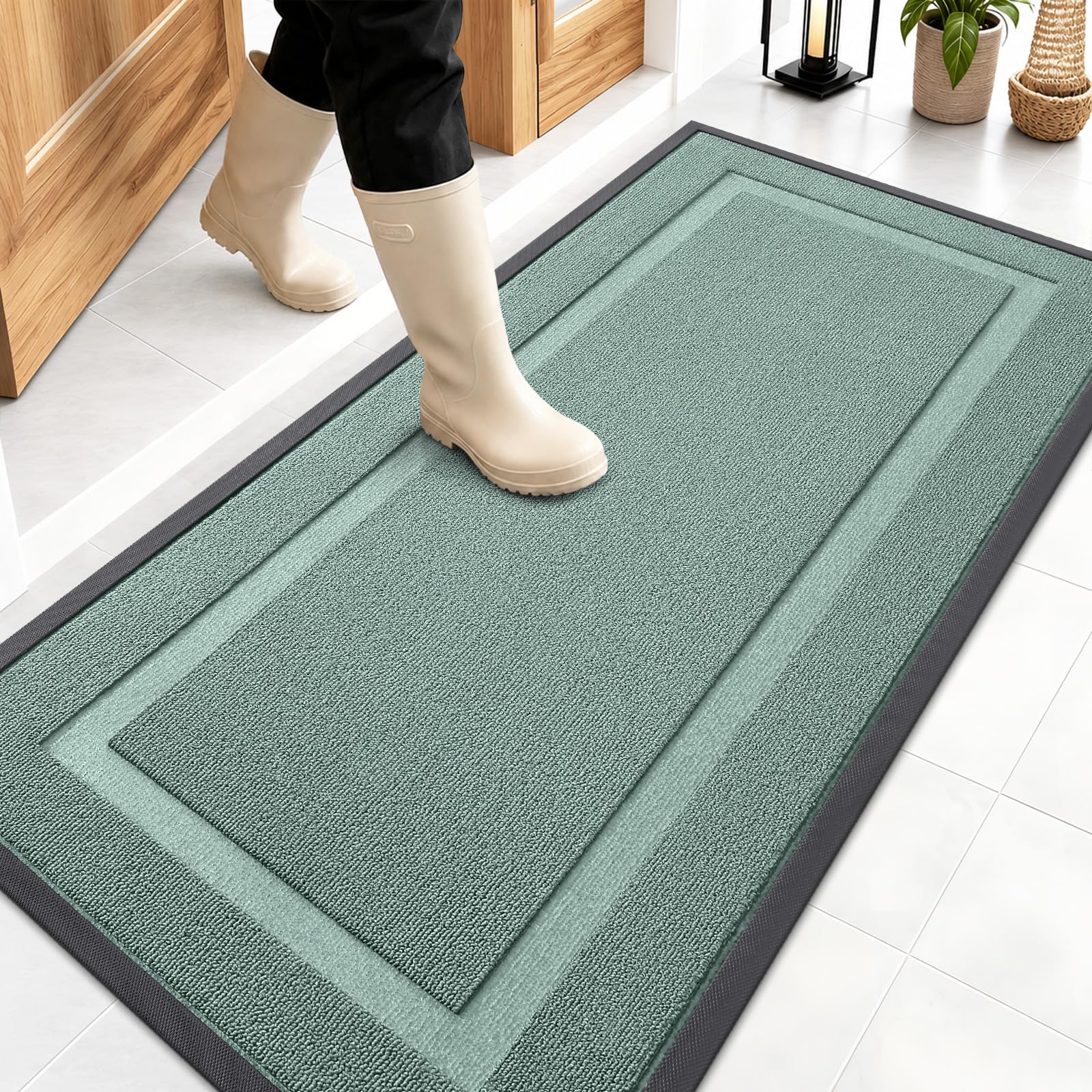 OLANLY Front Door Mat Outside 47x23, All-Season Heavy-Duty Rubber Doormat | Grayish Green, Absorbent, Stain and Fade Resistant, Non-Slip Backing, Low-Profile Indoor Outdoor Floor Mat for Entryway