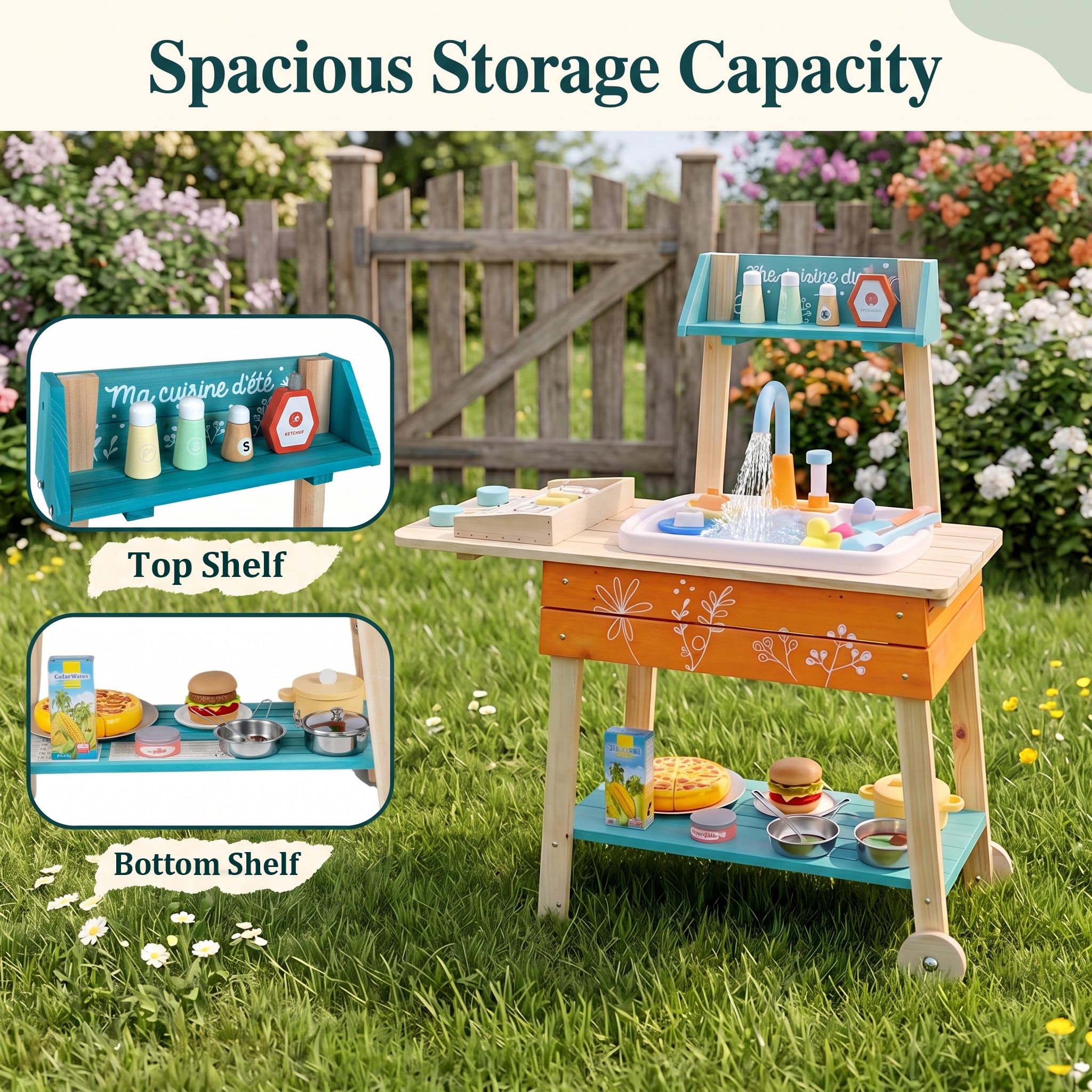 HOMASIS Cucina da Esterno Barbecue per Bambini, Cucina Giocattolo Realistica in Legno con Lavandino, Griglia, Manopole Rotanti, Scaffale Inferiore e 2 Ruote per Bambini 3+ Anni, 77 x 33 x 90 cm