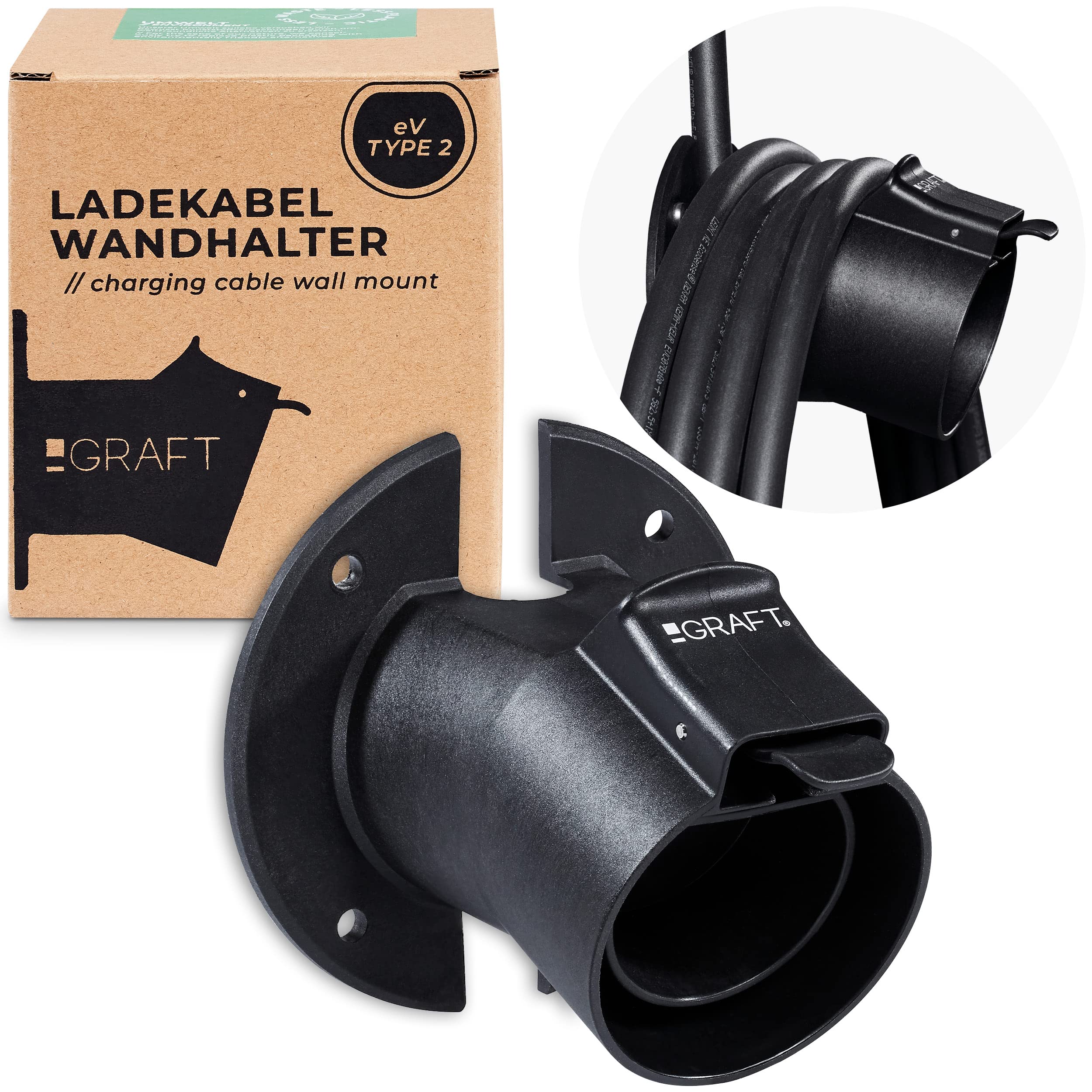 Graft Ladekabel Typ 2 Wandhalterung | Wandhalter für Elektroauto mit IEC 62196-2 Stecker | Zubehör für Type 2 Wallbox Ladestation inklusive Diebstahlsicherung für Kabel und Ladegerät