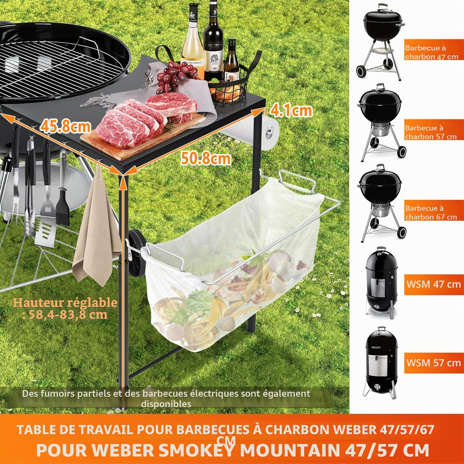 GFTIME Weber Smokey Mountain Table d'appoint pour barbecue sphérique Weber Kettle 47/57/67 cm, barbecue au charbon de bois Master-Touch, accessoires de barbecue de qualité supérieure