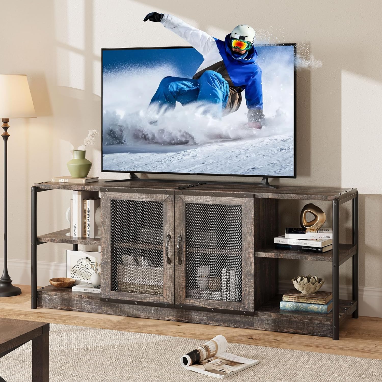  Farmhouse TV Stand for 65/75 inches TVs, Entertainment Center with Storage Cabinet and Mesh Doors, Industrial Media Console Cabinet Table, Living Room Media Furniture, Oak