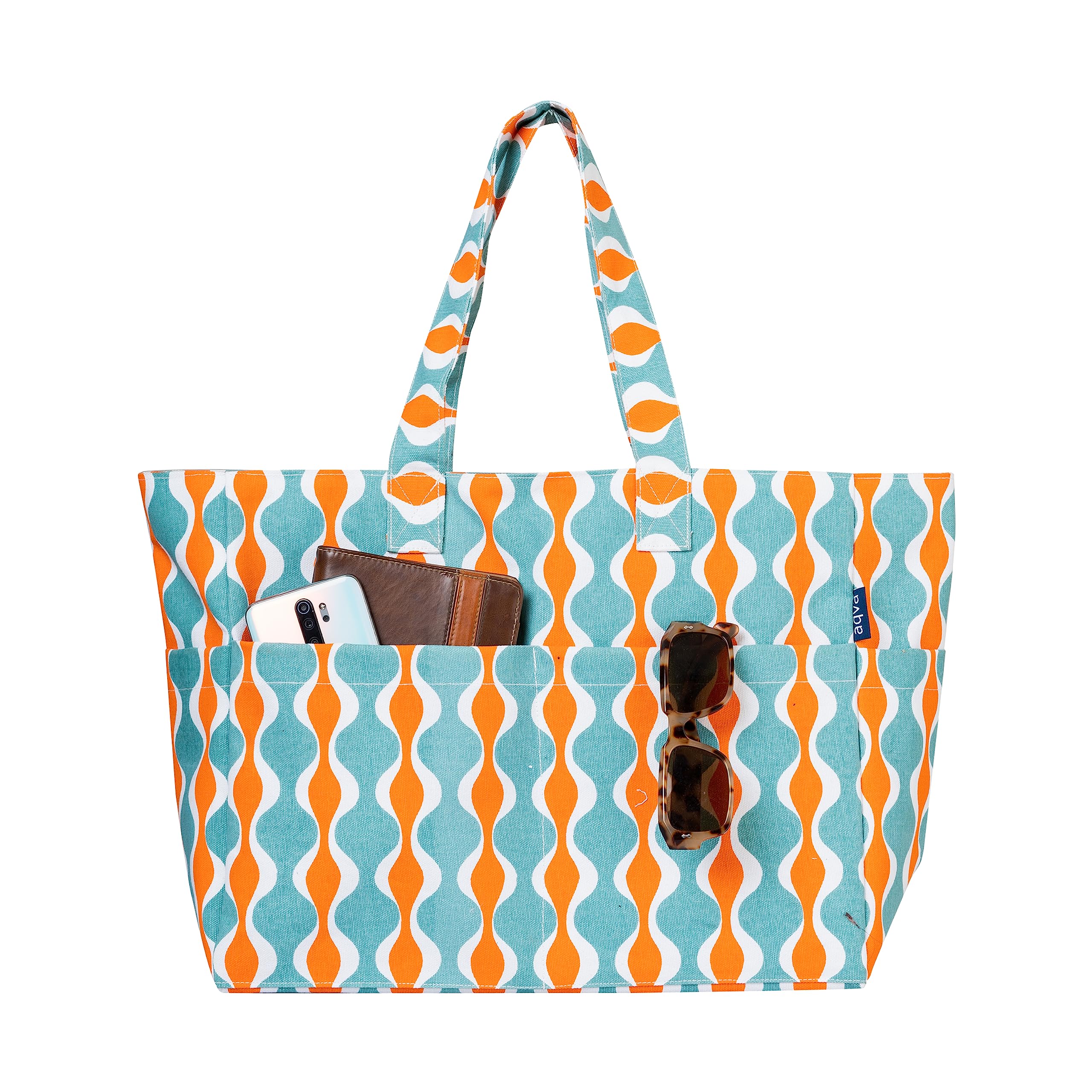 AQVALarge Printed Canvas Beach Pool Bag For Women | 16 x 12.5 Inch - 100% Cotton Tote With Zipper, 4 Pocket Outside & Inside Pocket, Casual, Travel Fashion