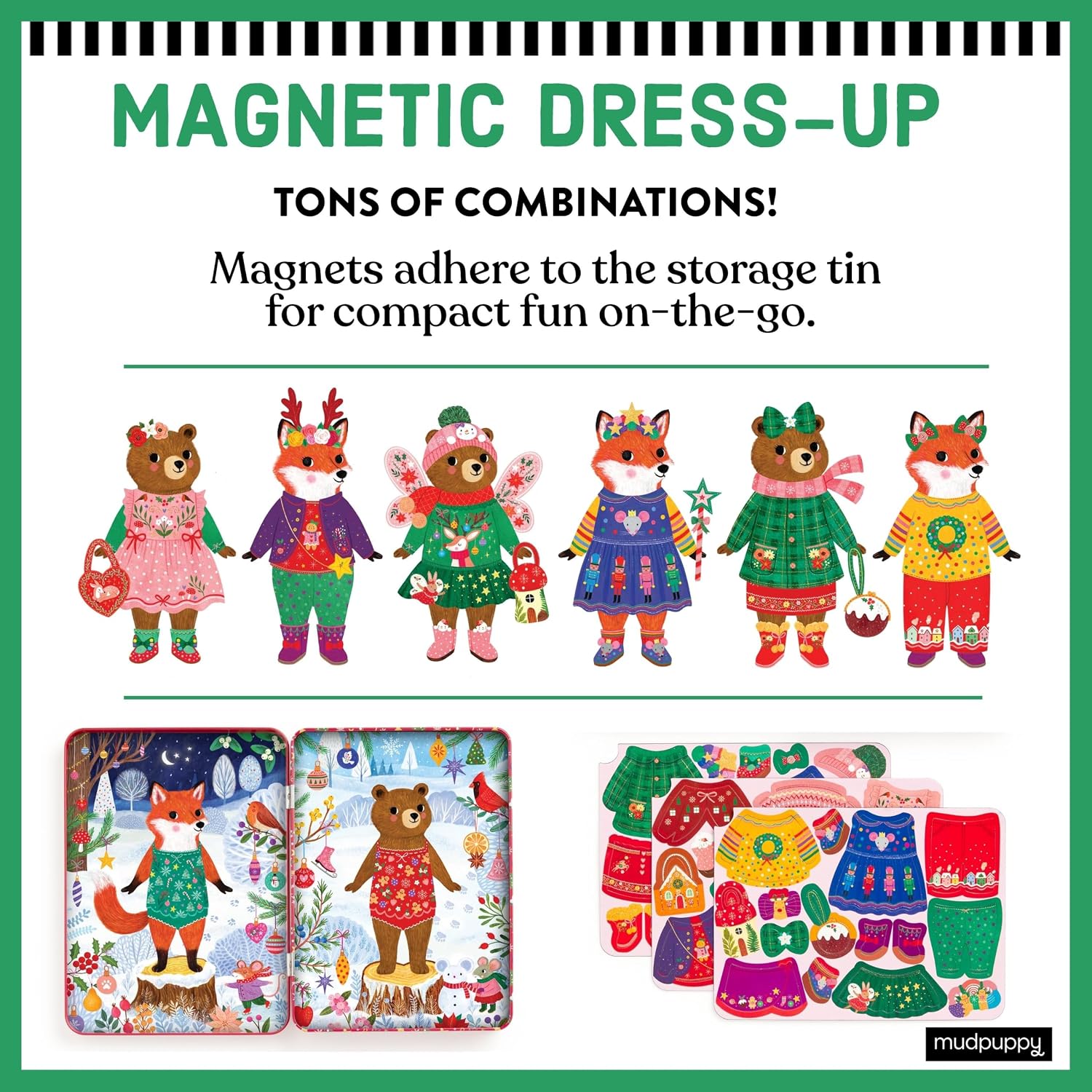 Mudpuppy Merry Woodland – Magnetic Dress Up Game with Illustrated Christmas Scenes Including 2 Woodland Characters and Over 40 Mix and Match Magnets Perfect for Holiday Travel