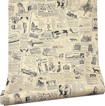 29.52 feet Roll Retro Newspaper Self-Adhesive Shelf and Drawer Liners for Kitchen Cabinets Renter Friendly Countertop Cover Waterproof PVC Furniture Wall Protectors L-354.3x17.7 Inch