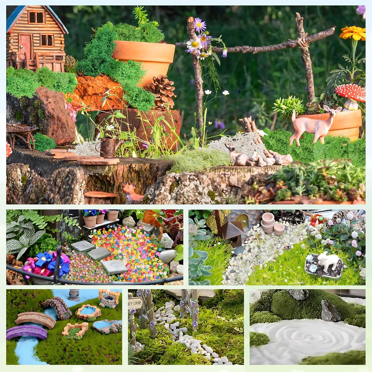 QUOZUO Scenery Basing Material Kit, 10 Pack Fairy Garden Miniatures Accessories Kit Dry Grass Moss Mixed Model Stone Fake River Desert for DIY Crafts, Mini Garden Scenery Railway Model