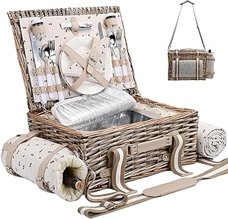 19Pcs Picnic Basket Set for 2 with Insulated Liner and Waterproof Picnic Blanket and Wine Pouch,Cherry Coffee