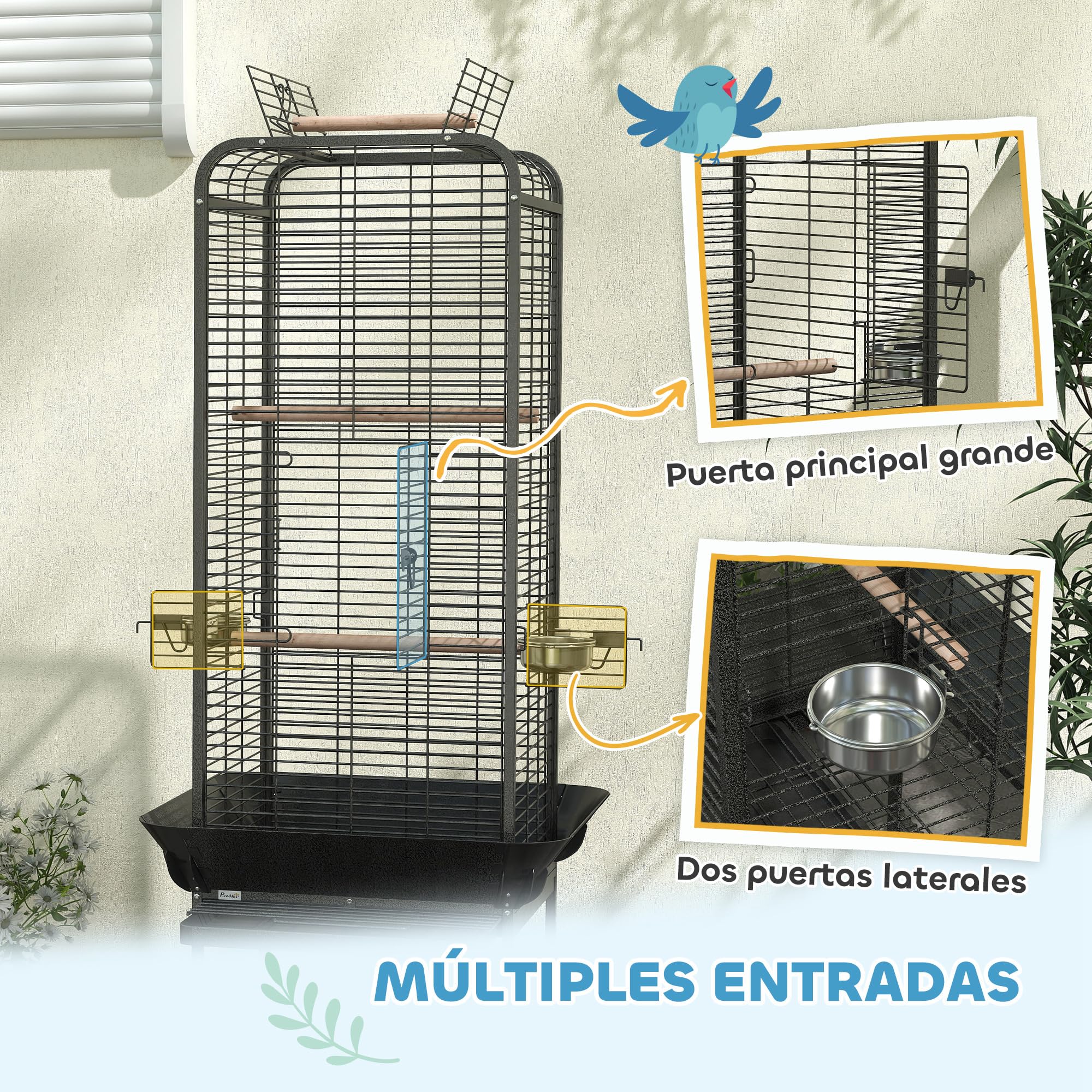 PawHut Jaula para Pájaros Jaula para Loros con Ruedas Perchas Comederos Estante y Bandeja Extraíble Pajarera para Cacatúas Cotorras 62,5x62,5x146 cm Gris Oscuro