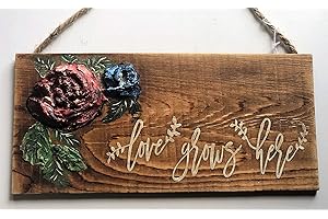 Rustic Love Grows Here Raised Flower Wood Hanging Sign