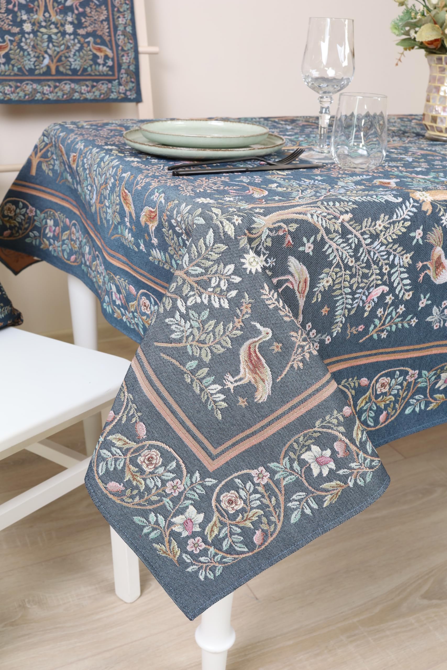 Tovaglia 165x300 cm William Morris "Paradiso in Terra" - blu, tovaglia Gobelin Jacquard di alta qualità, decorazione per tavolo da pranzo, facile da pulire, lavabile fino a 30 °C