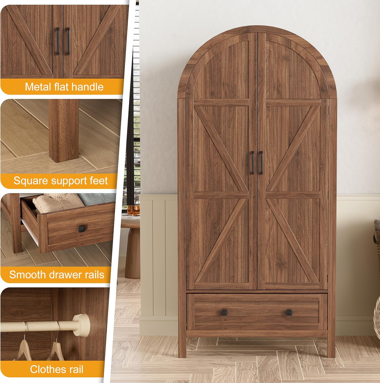 PAKASEPT Armoire Wardrobe Closet with Drawers and 2 Arched Fluted Doors, 70.9‘’ Tall Wooden Bedroom Armoires with LED Light & Shelves and Hanging Rod(Brown)