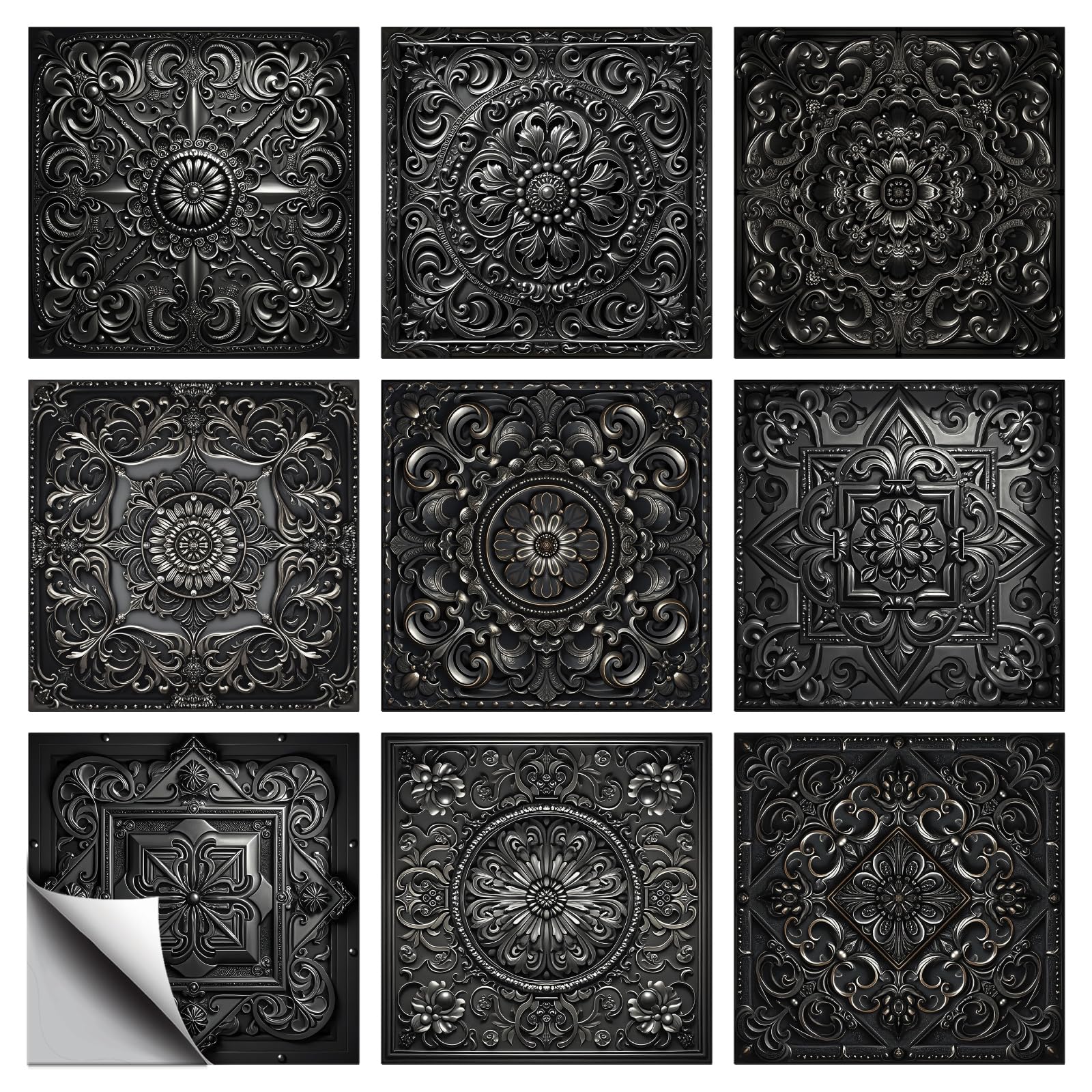 CONCHLERY 36 Pcs 9 Style Wall Stickers Black Relief Pattern Peel and Stick Wall Tile Sticker Rococo Pattern Waterproof Self Adhesive Stick on Tile Decals for Kitchen Bathroom Art Decor, 4×4 Inch