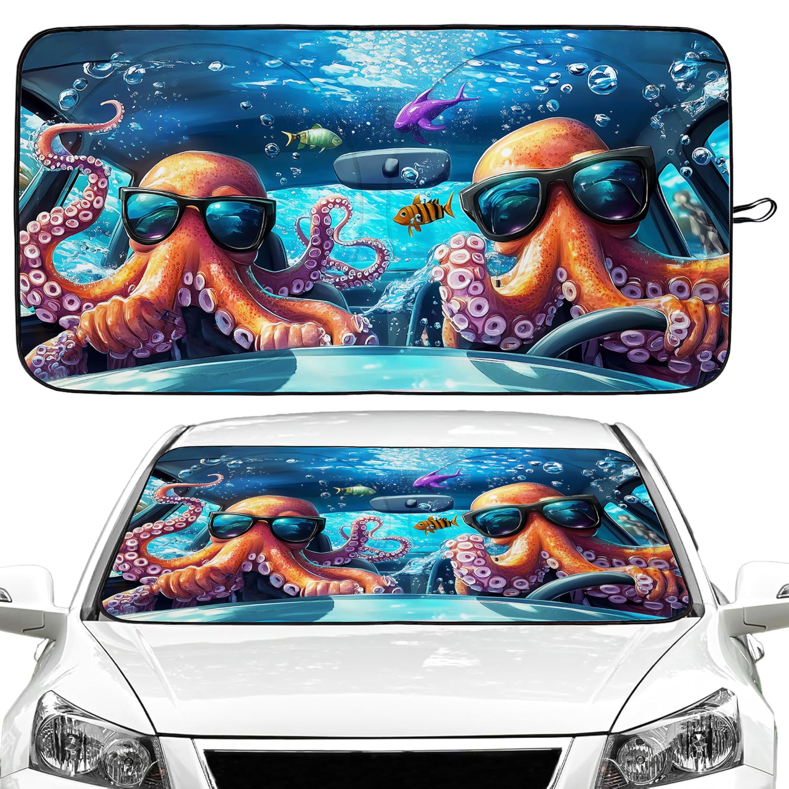 Funny Octopus Car Windshield Sun Shade Foldable Sunshade Front Window Cover Sun Visor Protector Accessories (59x27.5 inches)