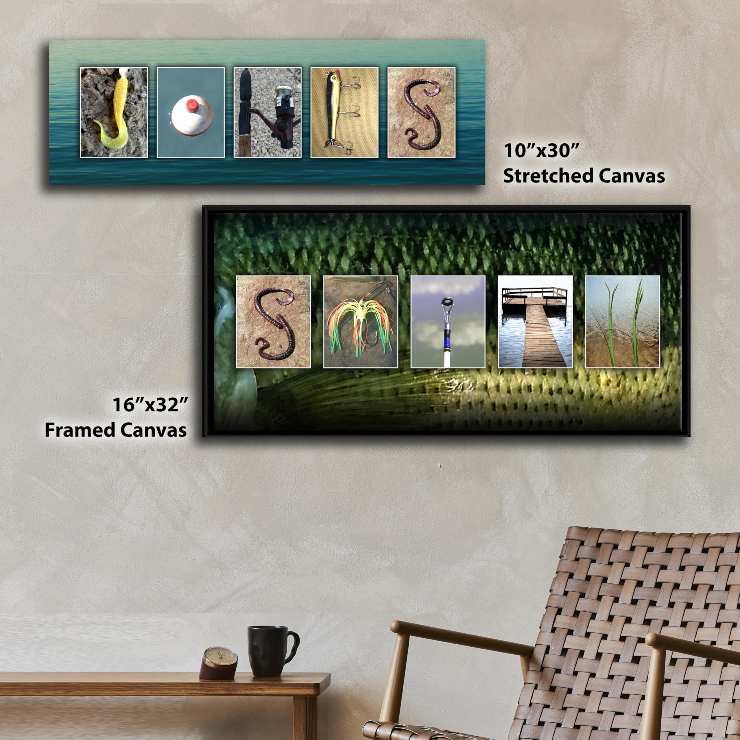 Personalized Fishing Name Alphabet Art - Perfect for The Man cave, Office, or Boy's Room. (Block Mount - 6.5 x 18)