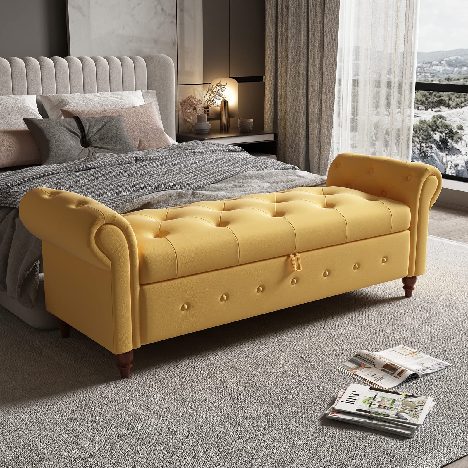 GNIXUU 63" End of Bed Storage Bench for Bedroom, Upholstered End of Bed Bench, Ottoman Seat with Storage for Living Room, Window, Entryway, Yellow