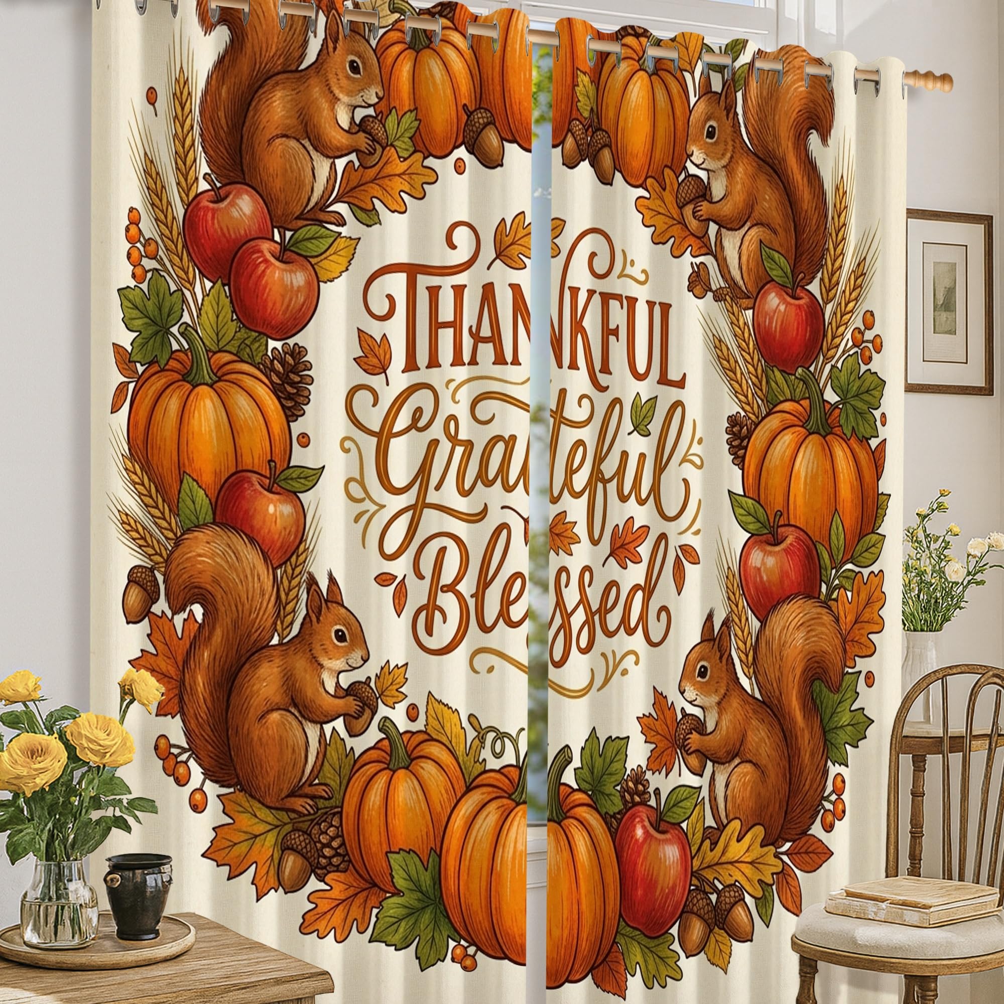 Rideaux occultants motif écureuil feuilles de citrouilles