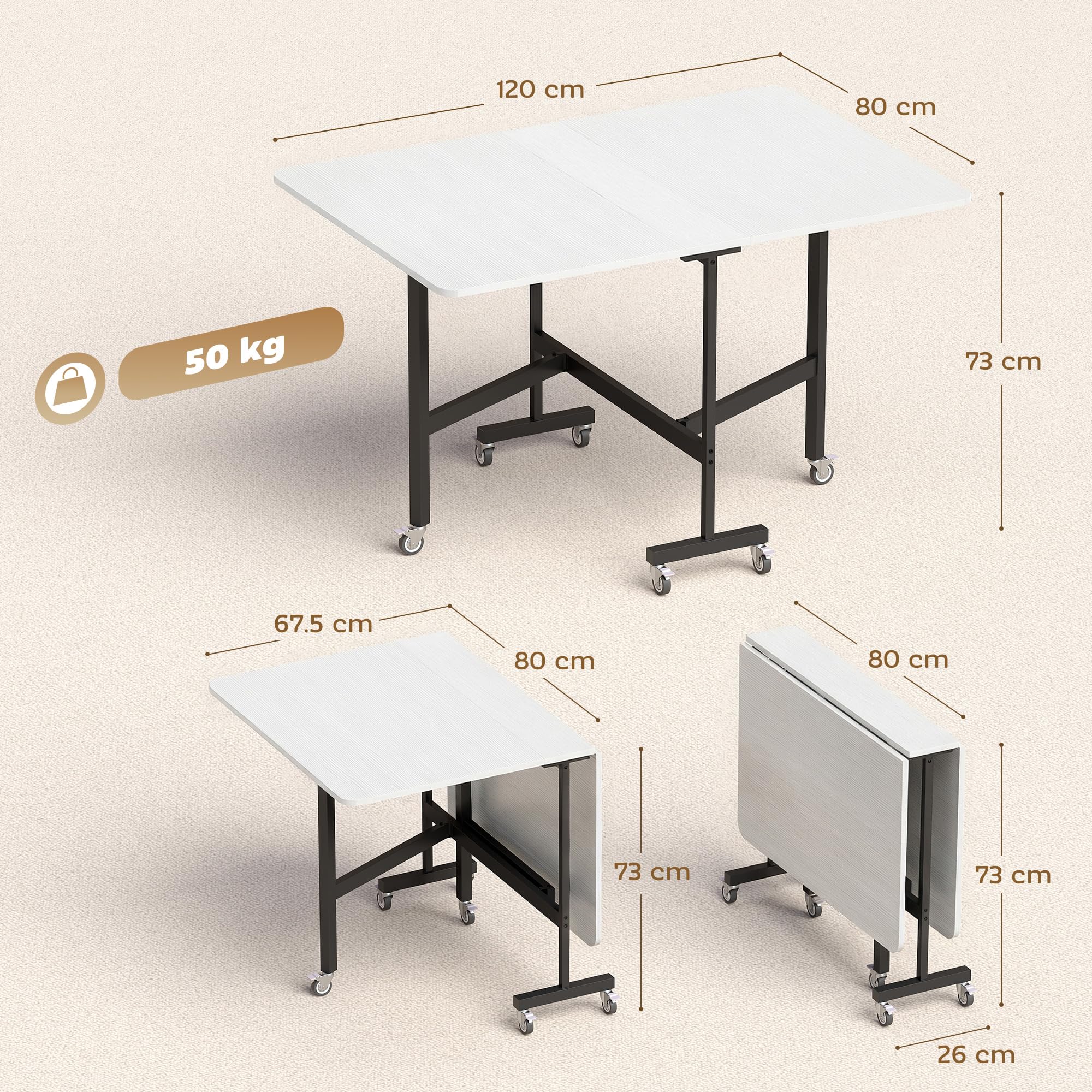 HOMCOM Tavolo da Pranzo Pieghevole, Tavolo Cucina a Ribalta con Ruote a Freno per 4-6 Persone, Scrivania Richiudibile con Struttura in Acciaio, per Soggiorno, 120x80x73 cm, Bianco Effetto Legno