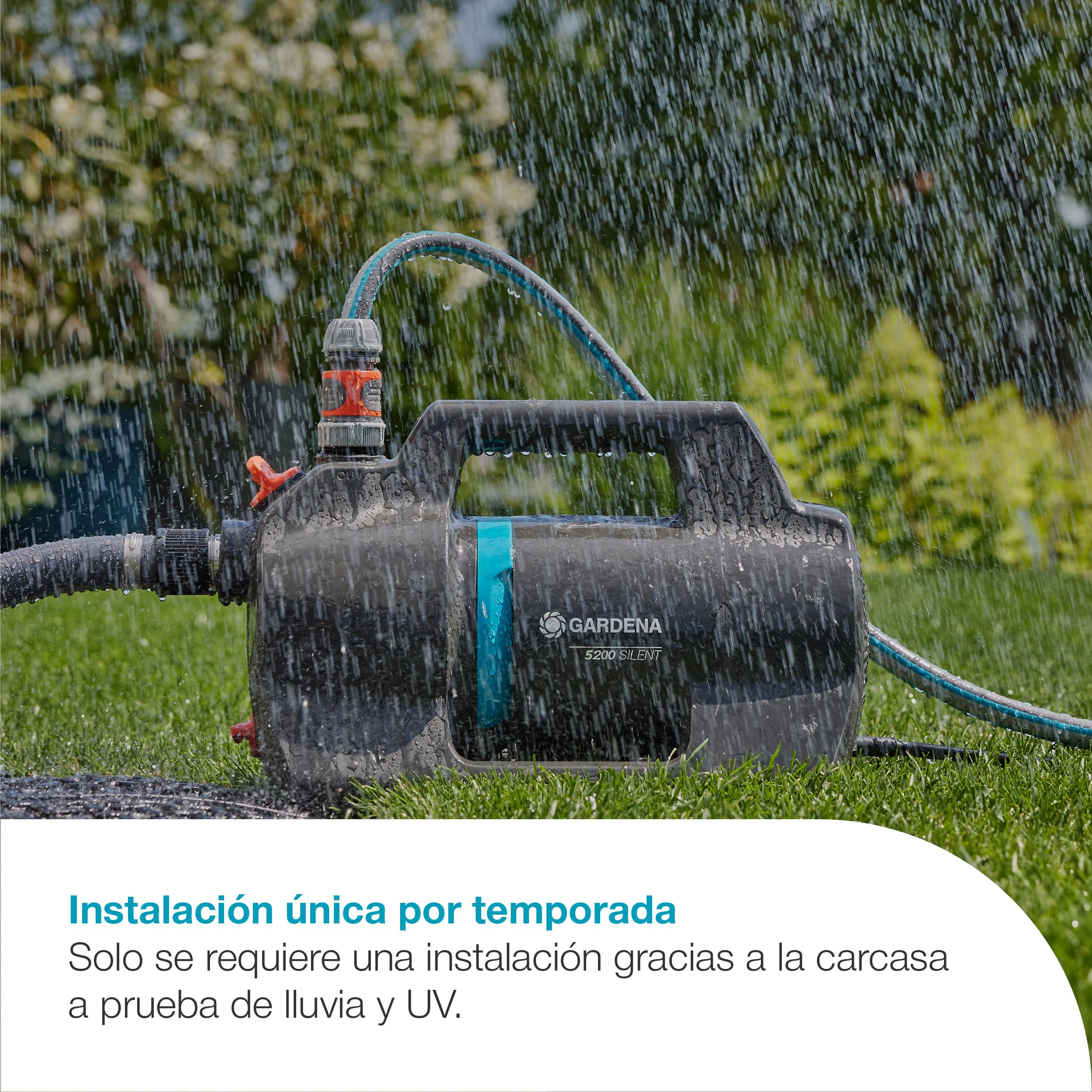 GARDENA Bomba de riego 5200 Silent Set Bombas: 26% más de flujo con el mismo consumo de energía que el predecesor, Operación de bajo ruido, Carcasa resistente a la lluvia y a los rayos UV (9085-20)