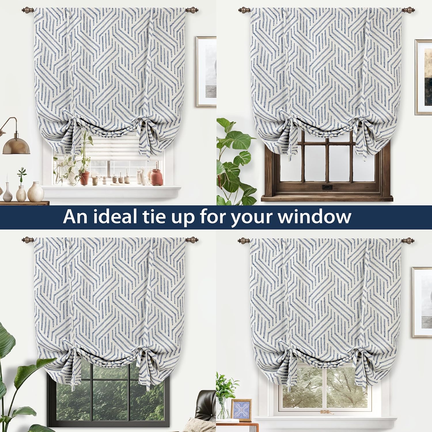 DriftAway Farmhouse Linen Lined Valance Double Layer Thermal Insulated Room Darkening Blackout Valances 3.5 Inch Rod Pocket Striped Tie Up Valance Single 45 Inch by 63 Inch Briony Navy