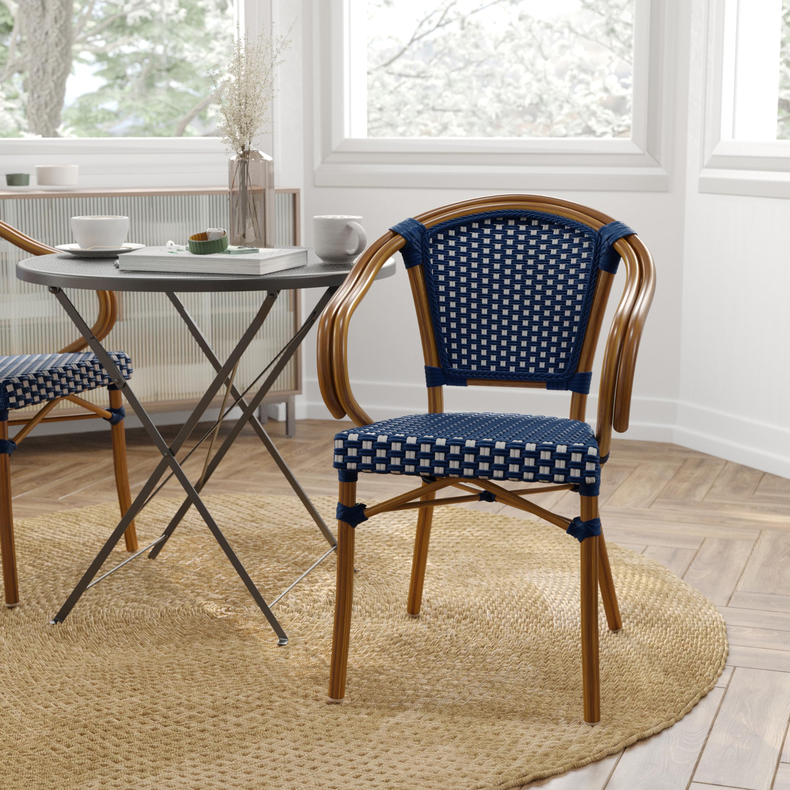 Merrick Lane Sacha Indoor/Outdoor Bistro Stack Chair - Navy & White PE Rattan Seat - Natural Bamboo Finished Metal Frame