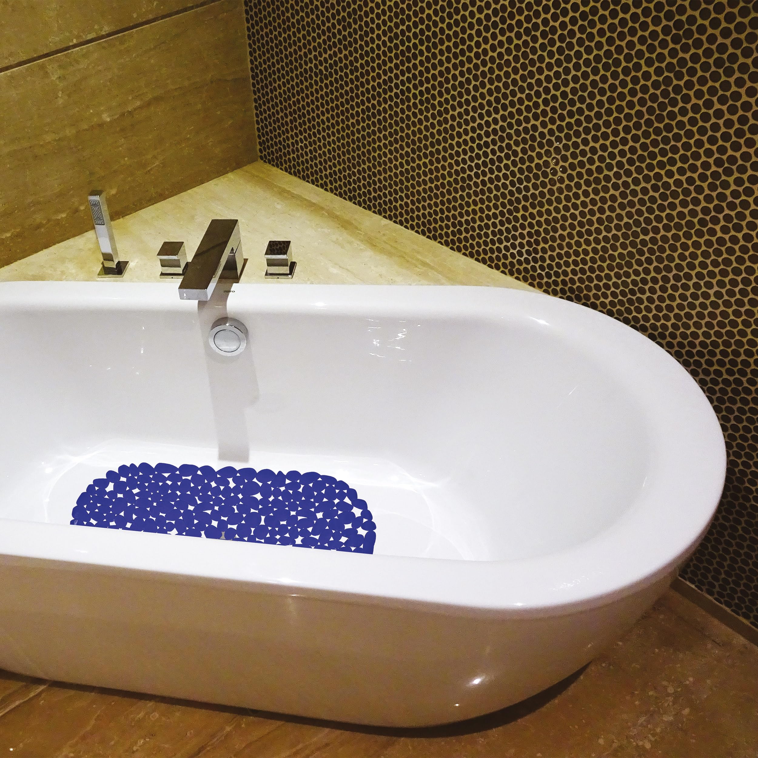 Tapis Fond de Baignoire PVC Galets 68 x 35 cm Bleu Foncé Antidérapant