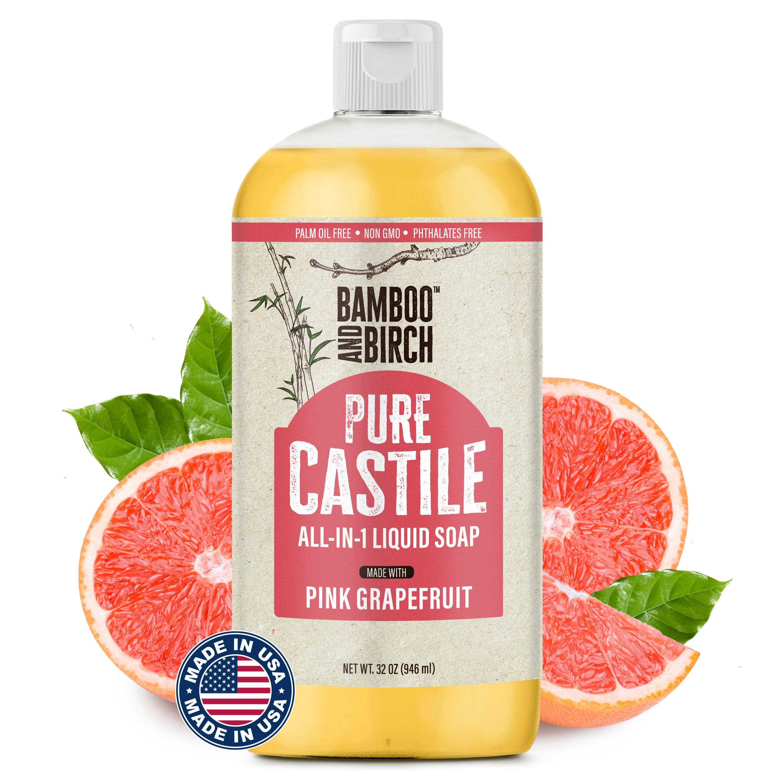 Pure Castile Soap Liquid, Certified Palm Oil Free Natural Soap, Citrus Grapefruit, 32 oz