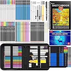 iBayam 183-Pack Drawing Set Sketching Kit Art Supplies for Adult Kids, Christmas Gifts for Teen Girls, with 3-Color Sketchbook, Coloring Book, Colored, Graphite, Charcoal, Watercolor & Metallic Pencil
