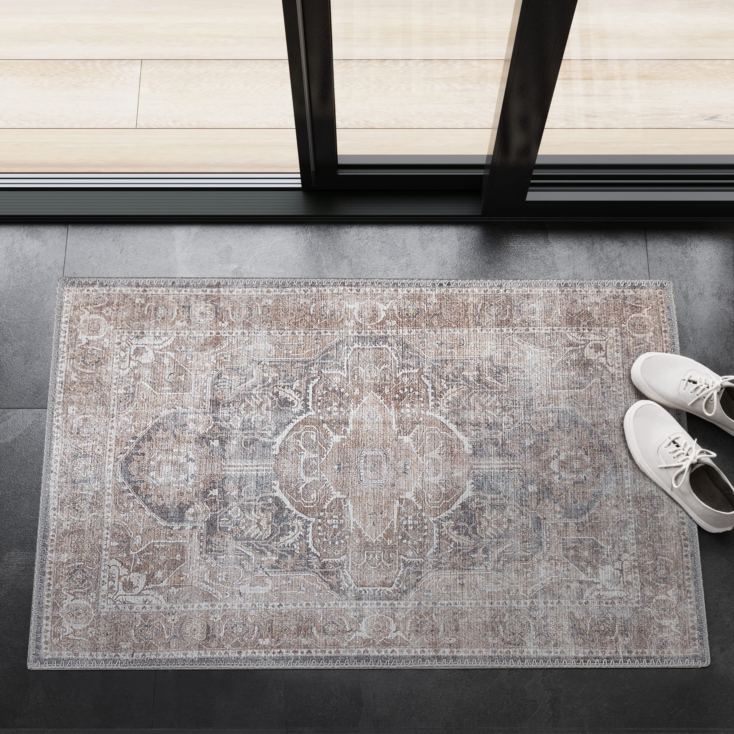 Machine Washable Area Rug with Non Slip Backing for Living Room, Bedroom, Bathroom, Kitchen, Printed Persian Vintage Home Decor, Floor Decoration Carpet Mat (Brown, 2' x 3')