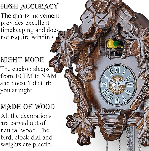 Miniatura 2 de TIMEGEAR Reloj de cuco con modo nocturno automático, movimiento de cuarzo y cabeza de ciervo tallada (marrón oscuro)