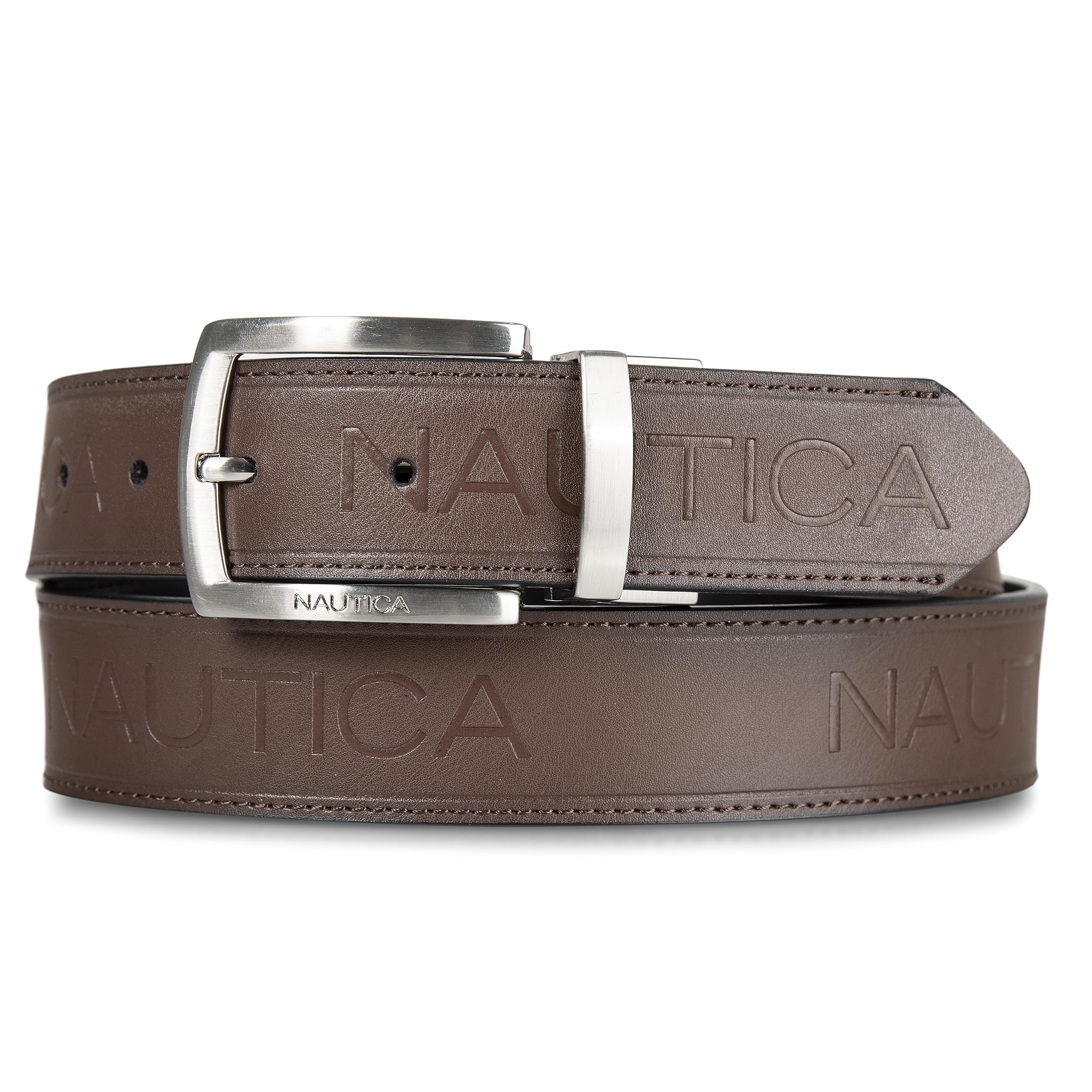 Nautica Men's Reversible Debossed Logo Leather Belt with Nickel Buckle - Brown/Black - Small, Brown/Black, S