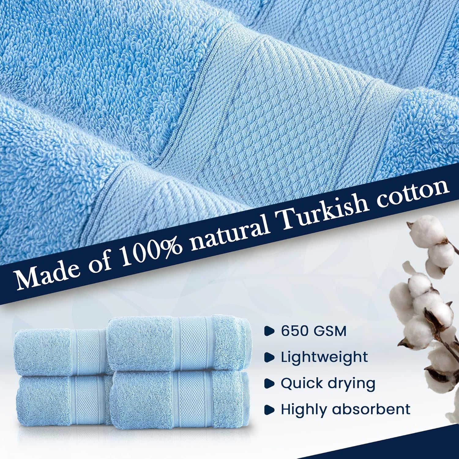 HALLEY 100% Turkish Cotton Hand Towels (Pack of 4) - Hotel & Spa Quality - Super Soft, Quick Drying & Absorbent Decorative Towels for Face, Gym, Spa, Yoga, Dishcloth, Kitchen & Bath - Blue