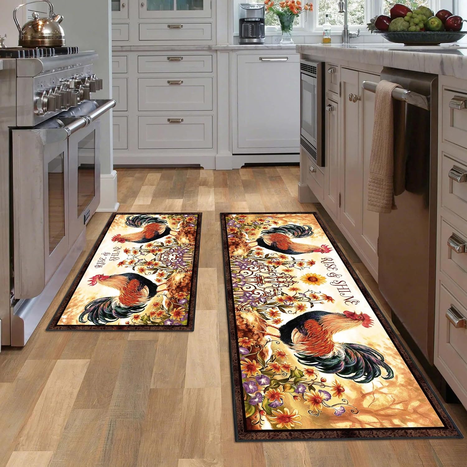 Rooster Kitchen Decor Rug 2 Piece Set, Country Farmhouse Style Sunflower Kitchen Floor Mat, Chicken Absorbent and Washable Runner Decorations Rug 17×30+17×47 Inches - Image 4