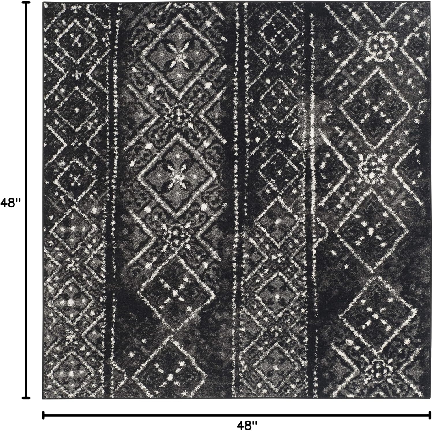 SAFAVIEH Adirondack Collection Area Rug - 4' Square, Black & Silver, Moroccan Boho Distressed Design, Non-Shedding & Easy Care, Ideal for High Traffic Areas in Living Room, Bedroom (ADR111C)