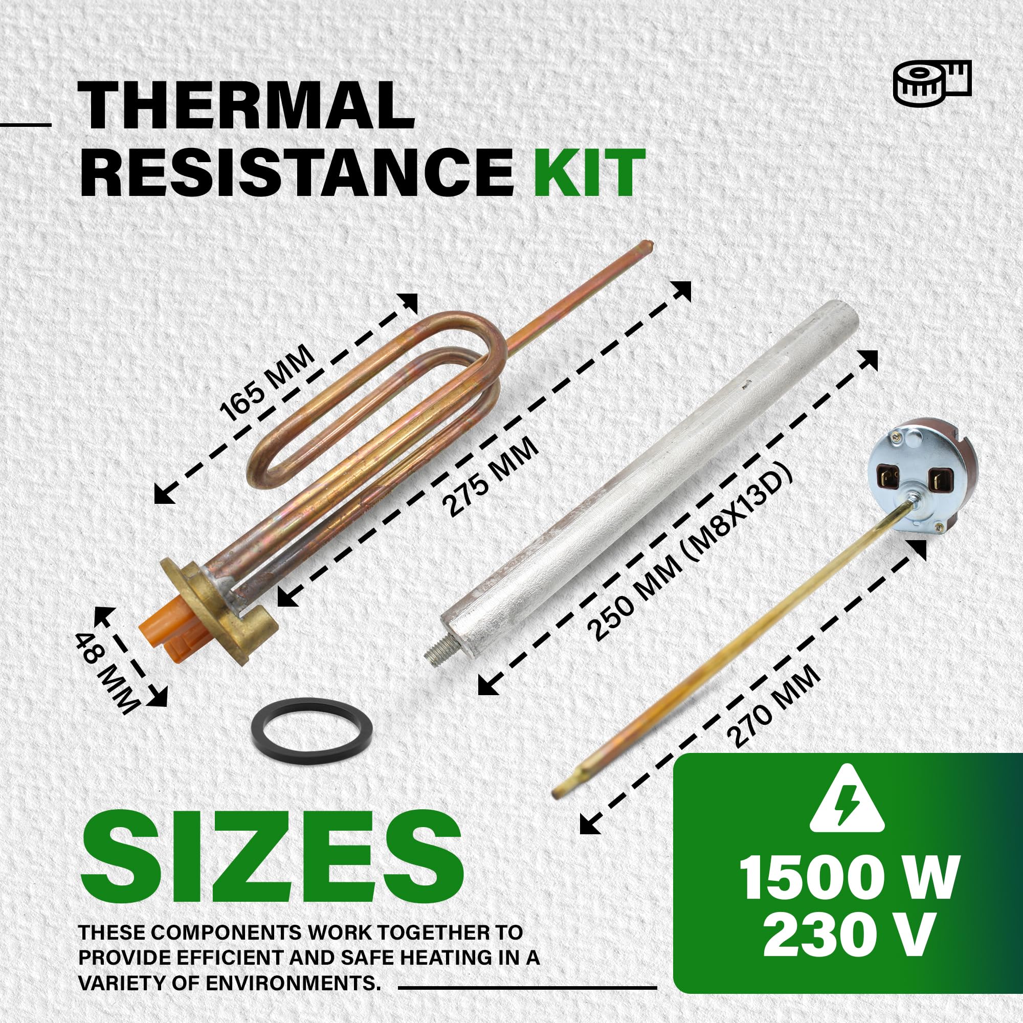 DOJA Barcelona | Kit Resistencia Calentar Agua 1500W | Pack Resistencia Curva+Anodo de Magnesio+Junta Goma+Tornillo de Fijacion+Termostato Varilla 270mm | Termo Electrico | Repuesto de Termo Agua