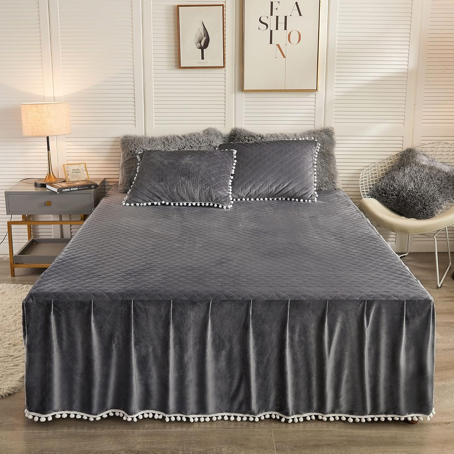 LIFEREVO Luxury Pom Poms Velvet Bed Skirt, Velvet Wrap