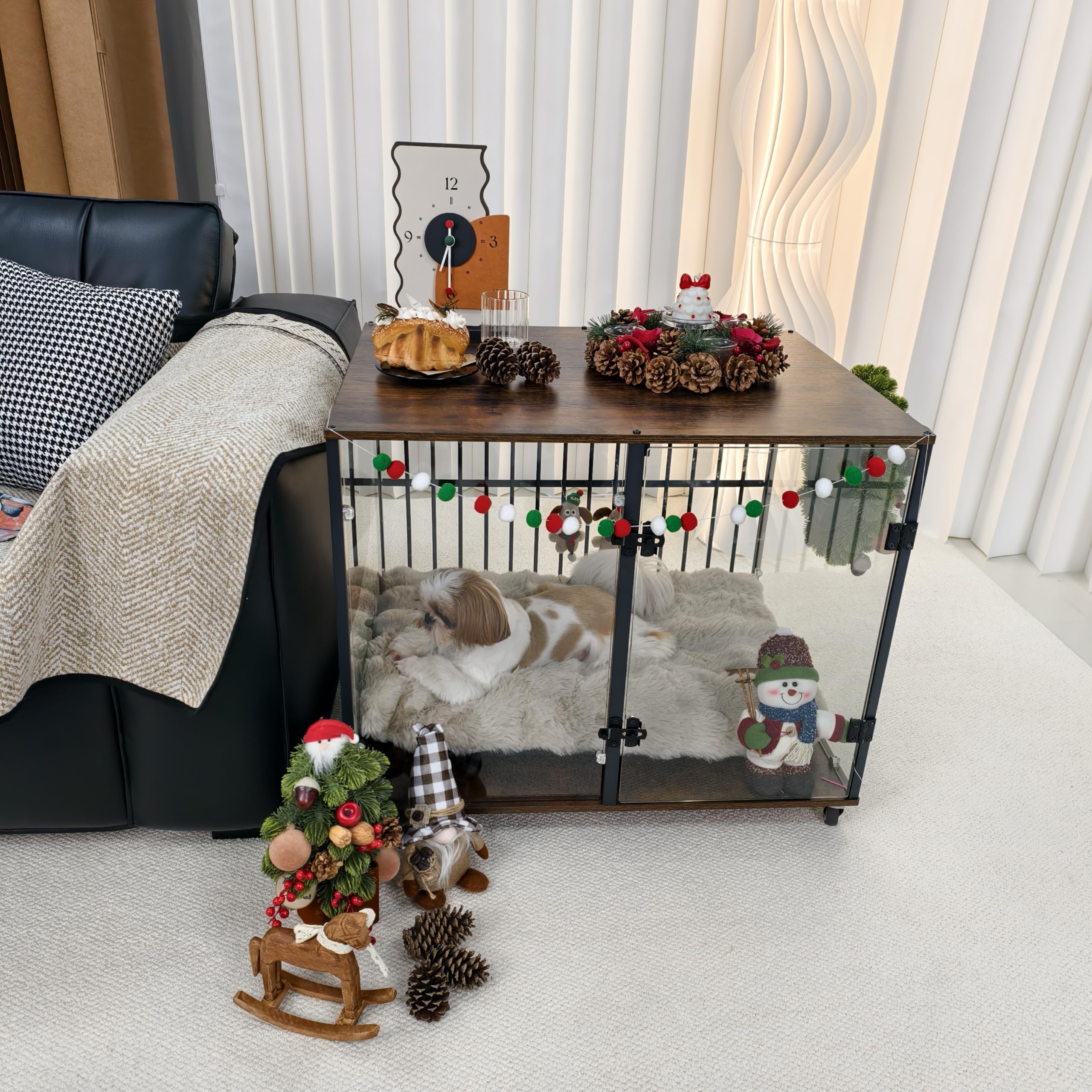 Bingopaw Jaula para Perros Mediano Mueble 77x60x65cm Jaula Perros Transparente de Vidrio Templado Resistente a Las Mordidas y Duradera con Hierro Fuerte Anticorrosivo y Superficie de Mesa