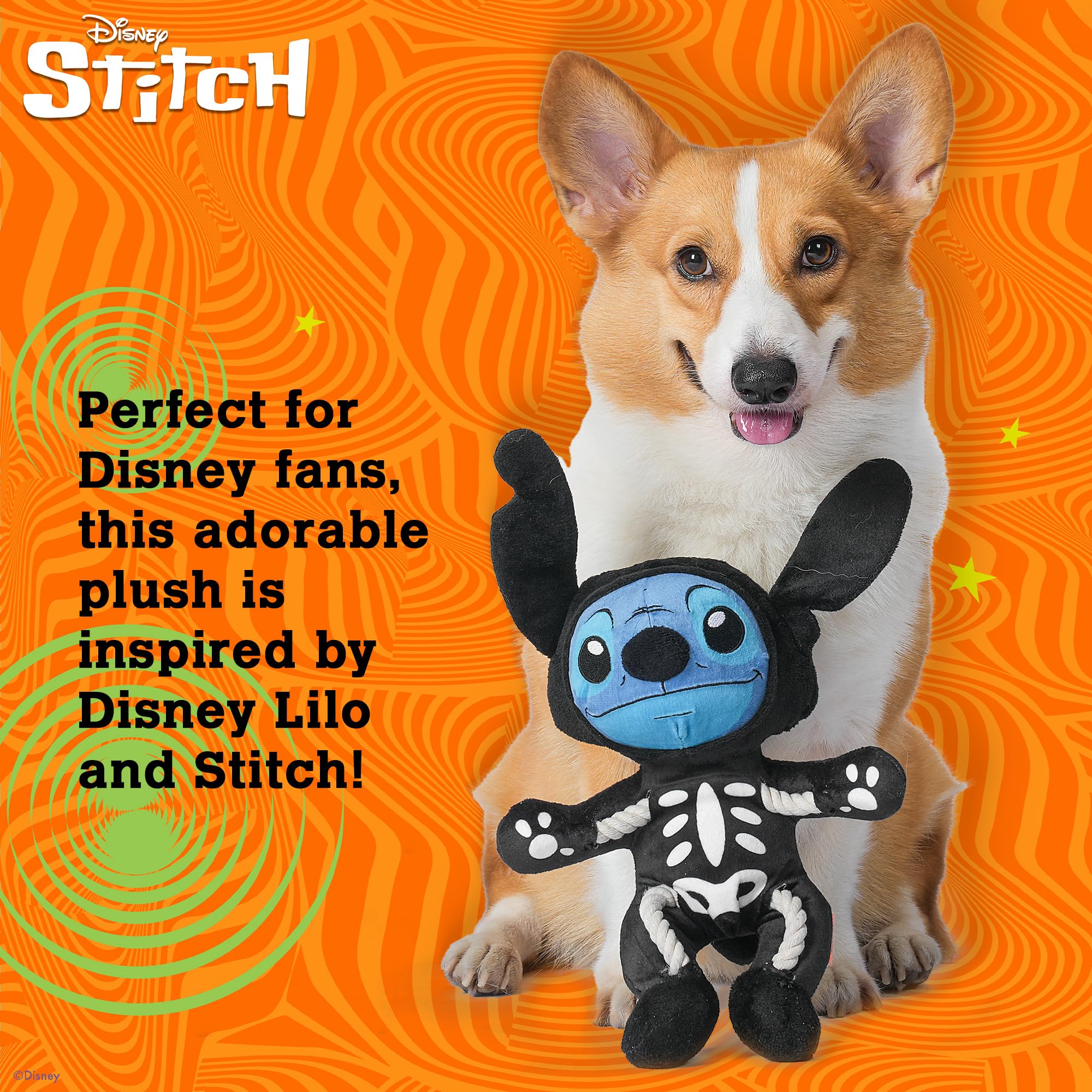 Disney for Pets Lilo and Stitch 20,3 cm Skelett-Stil verstecktes Seil Plüsch Quietscher Hundespielzeug Quietschendes Haustier Plüsch Zerrseile für Hunde, süßes Hundespielzeug für Disney Fans