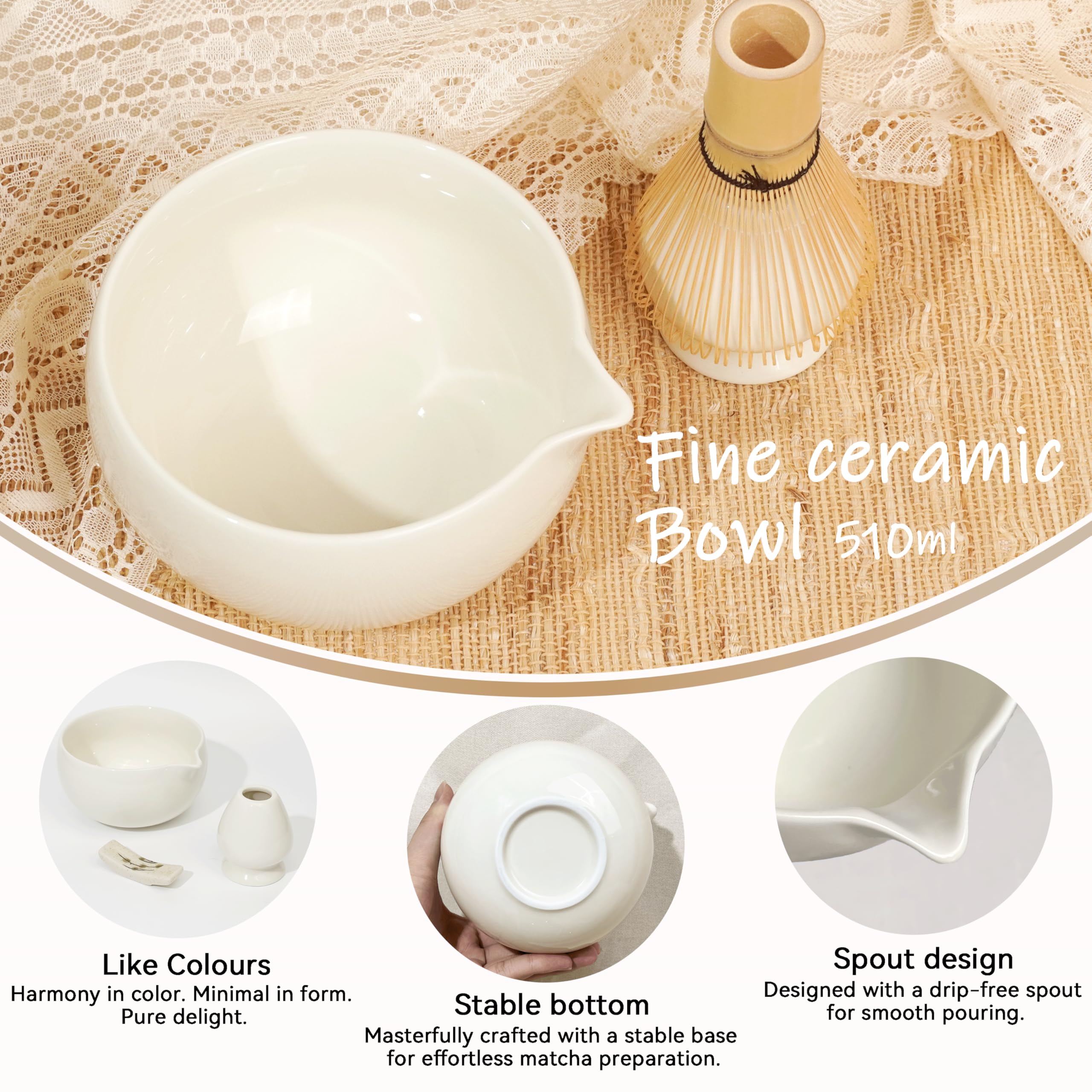 Set de Matcha Beige 8 Piezas – Juego Premium con Cuenco con Vértice, Batidor de Bambú (Chasen), Cuchara y Colador – Regalo Original para Matcha Latte