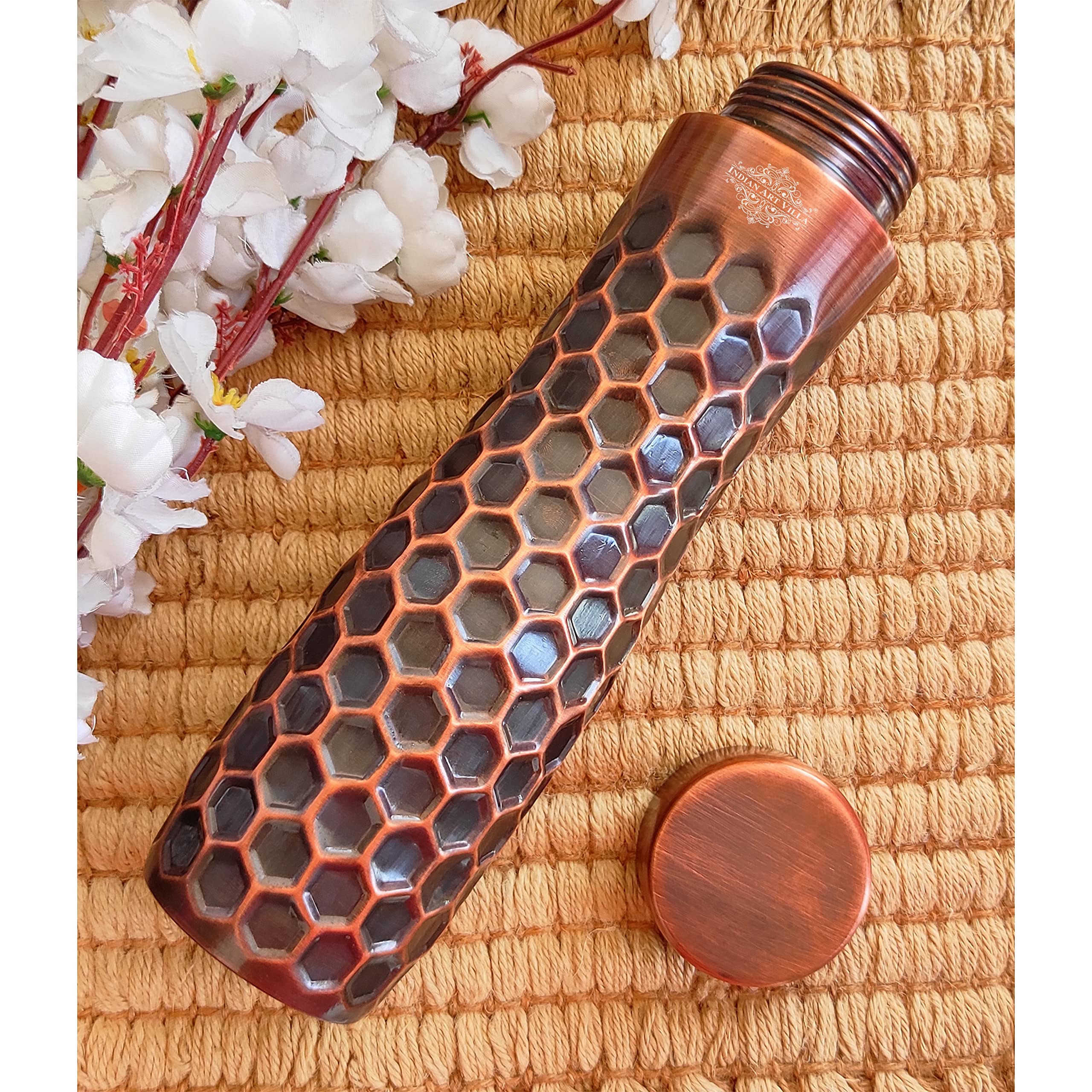 Indian Art Villa Antique Dark Finish Copper Water Bottle in Full Honeycomb Design, Drinkware, Storage Purpose, Volume- 34 Oz