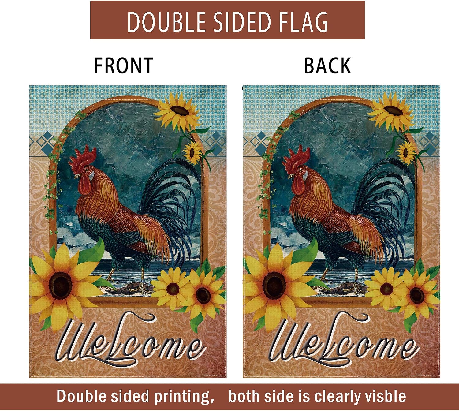 Hexagram Rustic Rooster Garden Flag Burlap Double Sided Decorative Sunflower Chicken Yard Flag 12x18 inch Prime