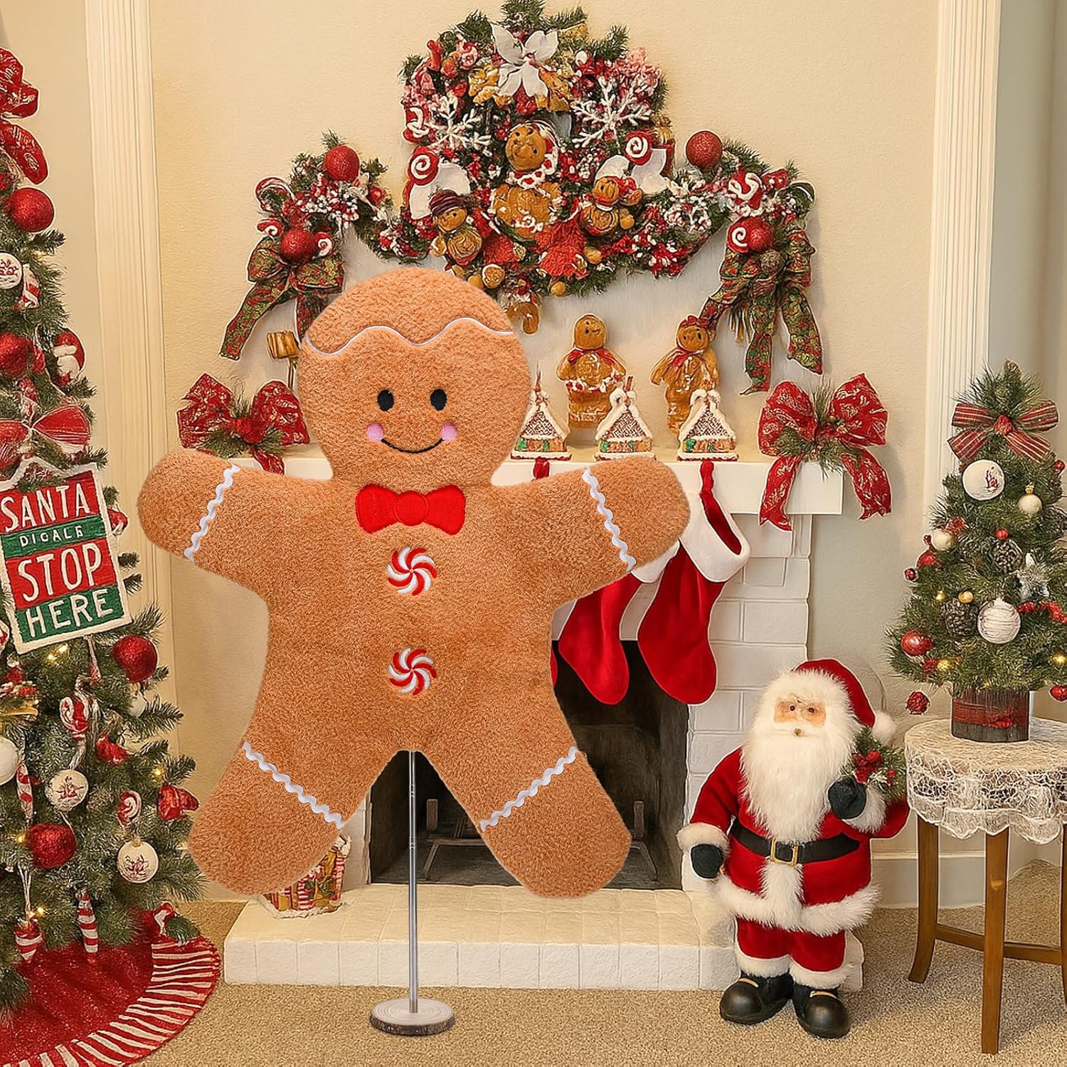 Wesiti 30 Inch Large Christmas Plush Gingerbread Man Figures with Bow Tie Xmas Candy Soft Gingerbread Doll Ornament with Wooden Stand for Home Table Fireplace Christmas Holiday Party Decoration