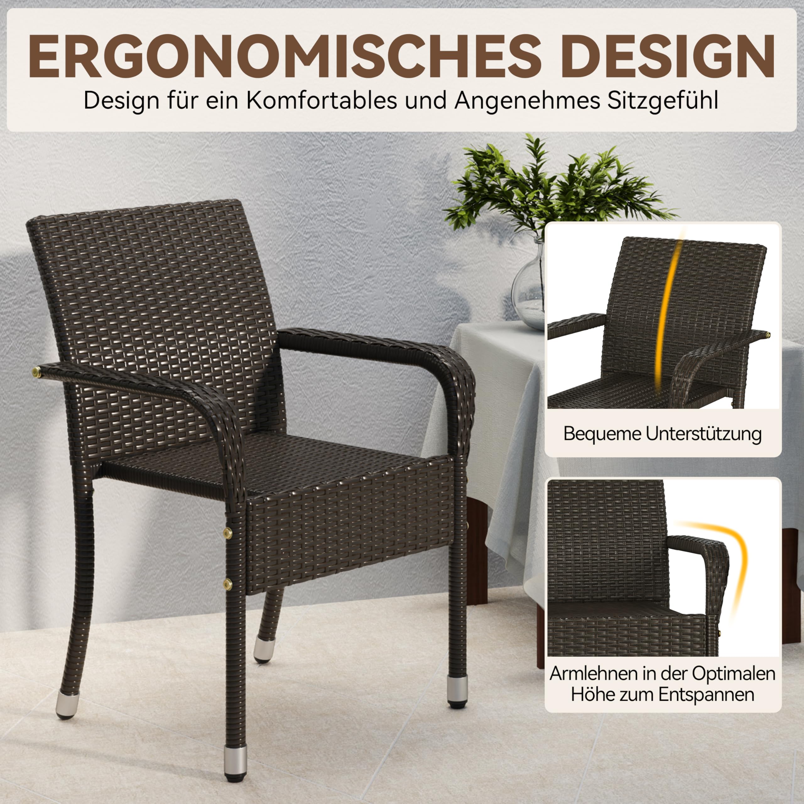 Yaheetech Lot de 2 chaises de Jardin empilables en rotin synthétique avec accoudoirs et Dossier, pour Jardin, Balcon, terrasse, Marron, 58 x 58 x 84 cm