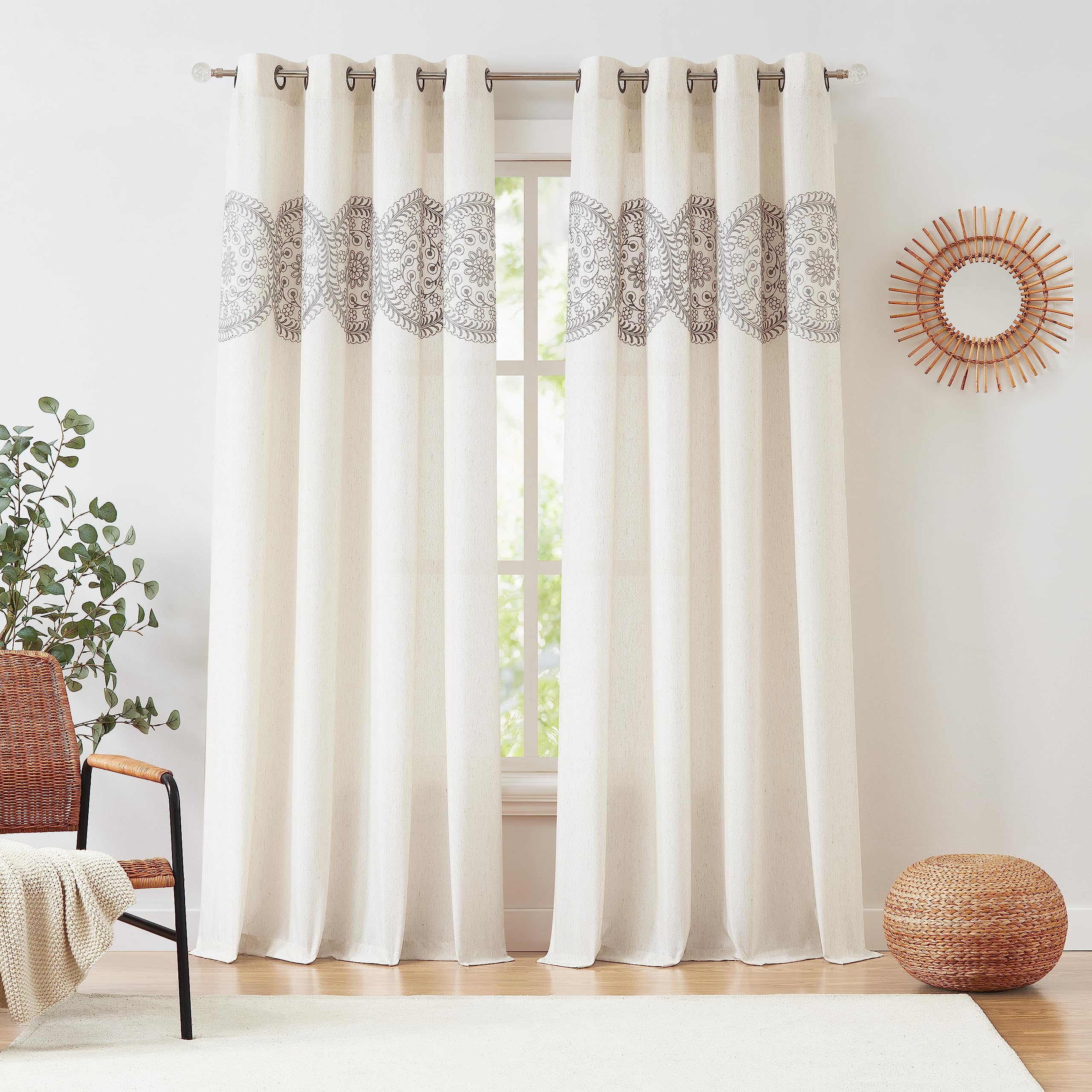 JubilantexNatural Linen Embroidered Window Curtains 2 Panels, Farmhouse Grey Floral Medallion Pattern Embroidery Grommet Top Rustic Linen Curtain Panels for Bedroom Holiday Bedroom, 55x84 Inch