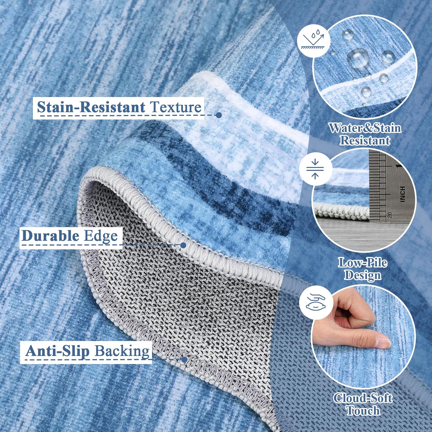 COZYLOOM Large Scalloped Area Rugs 9x12 Washable Modern Living Room Rug with Non-Slip Backing, Contemporary Low Pile Accent Carpet, Stain-Resistant Foldable Floor Cover for Dining Room, Blue