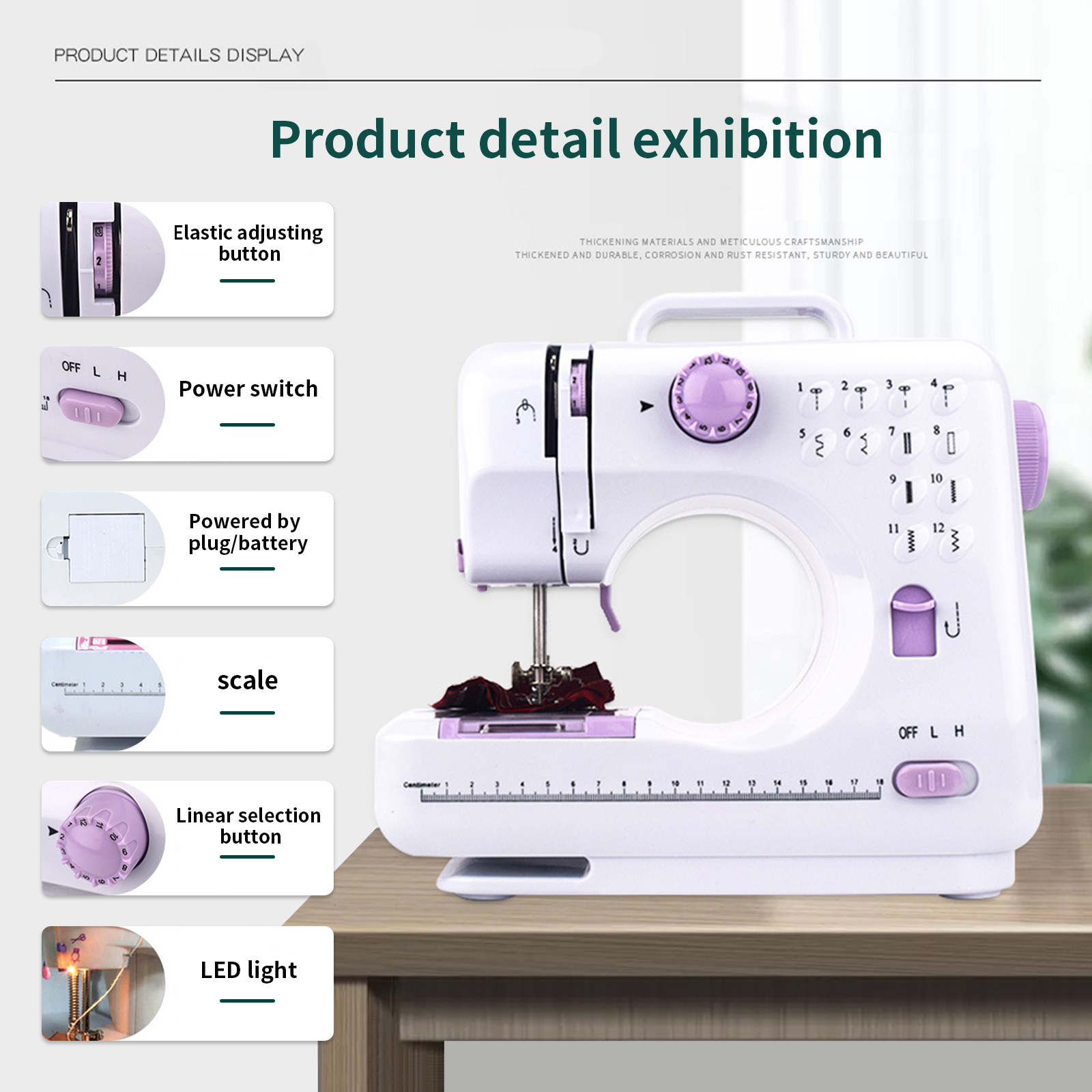 Máquina De Coser Mini Portátil Para Principiantes - 12 Puntos, 2 Velocidades, Luz LED, Incluye Enchufe UK